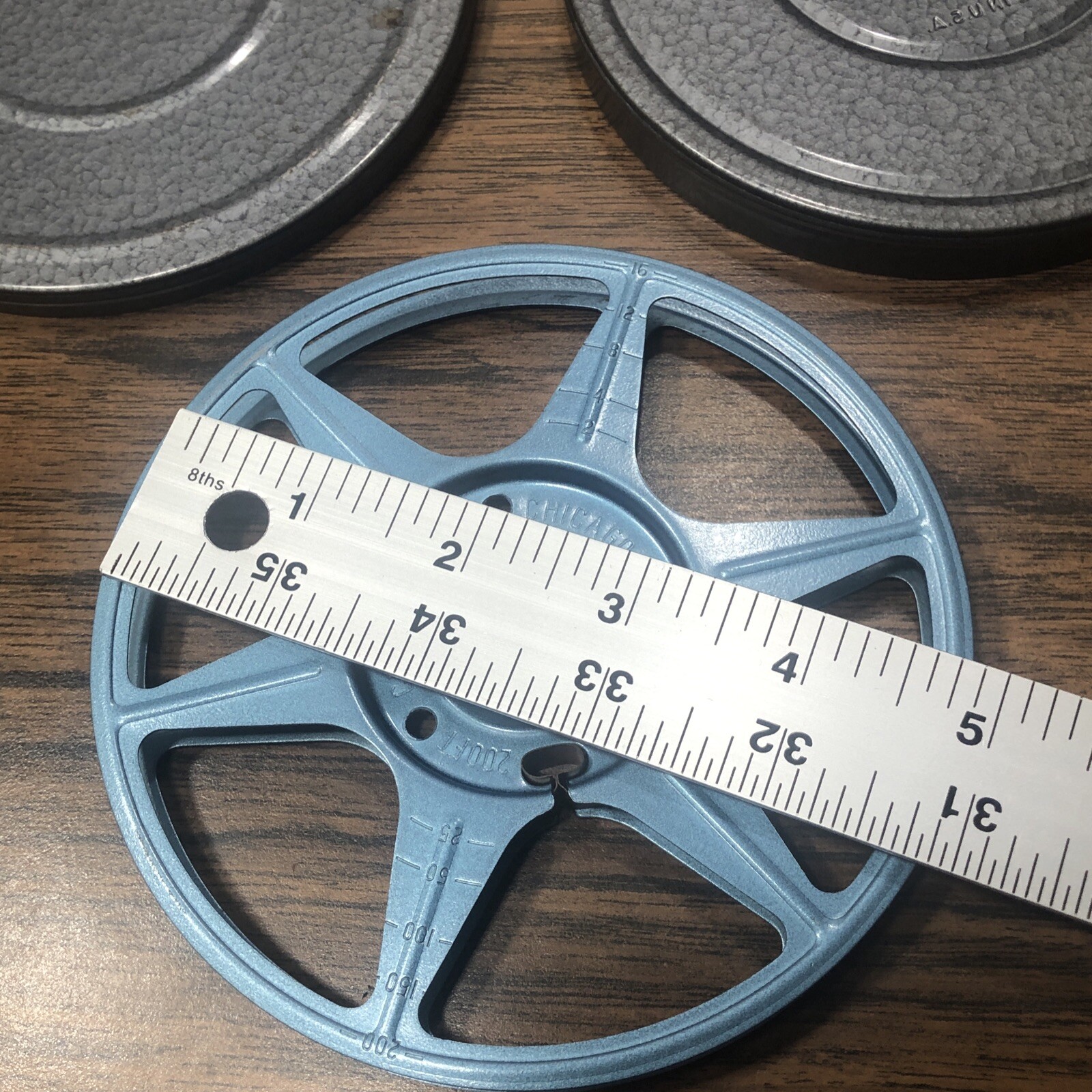 3x Vintage 8mm 200’ 5” Metal Film Reel w/ Tower Metal Canister Lot Sears Compco