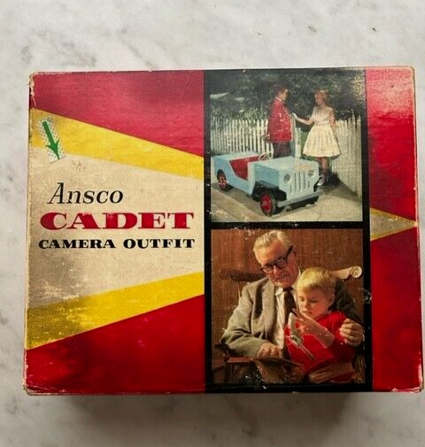 Vtg 50’s ANSCO CADET Camera outfit in original box w/flash,manual,bulbs, & film