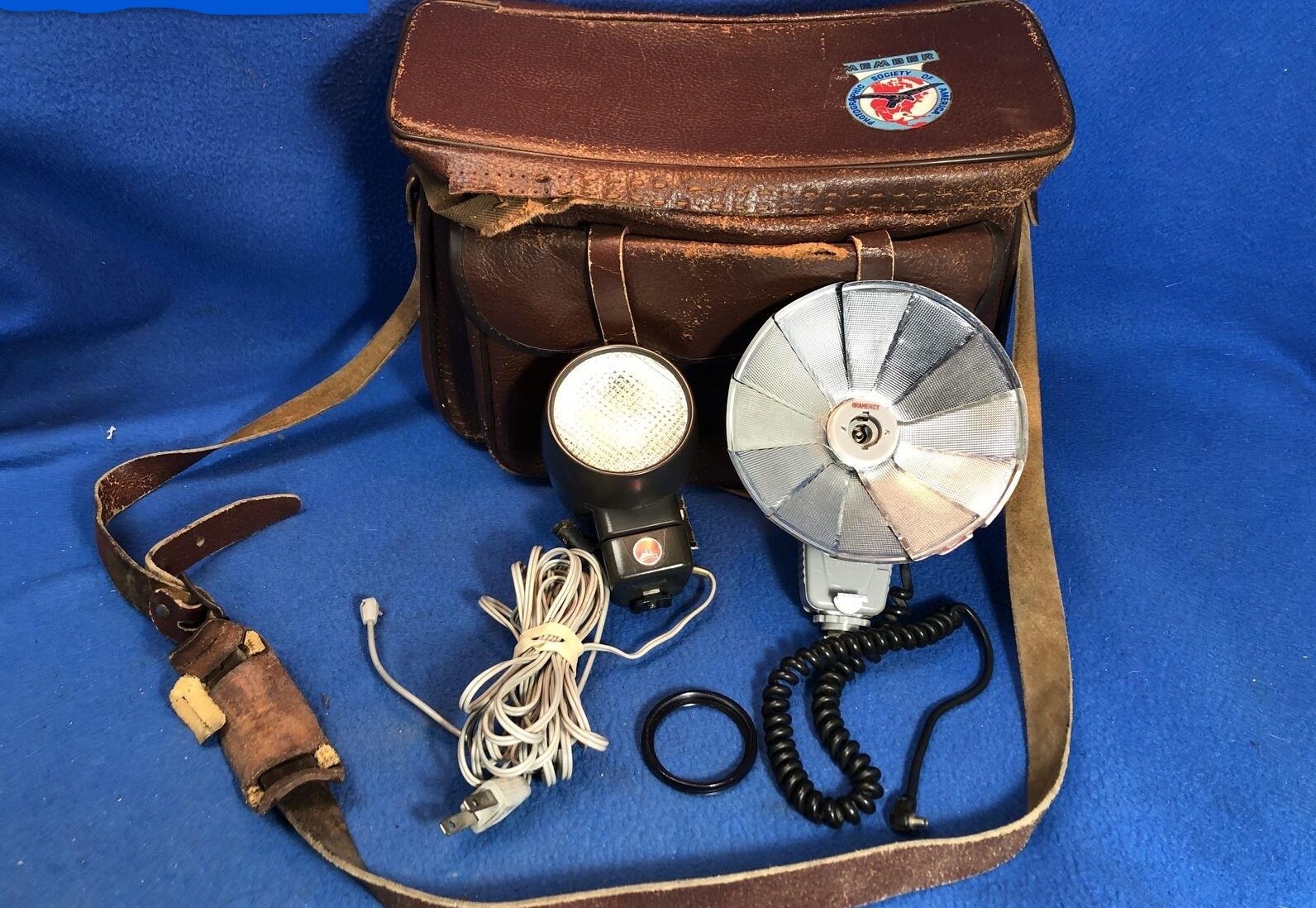 Vintage 1950s Camera Case & Flashes, Walz Flash & Gramercy Aluminum Umbrella