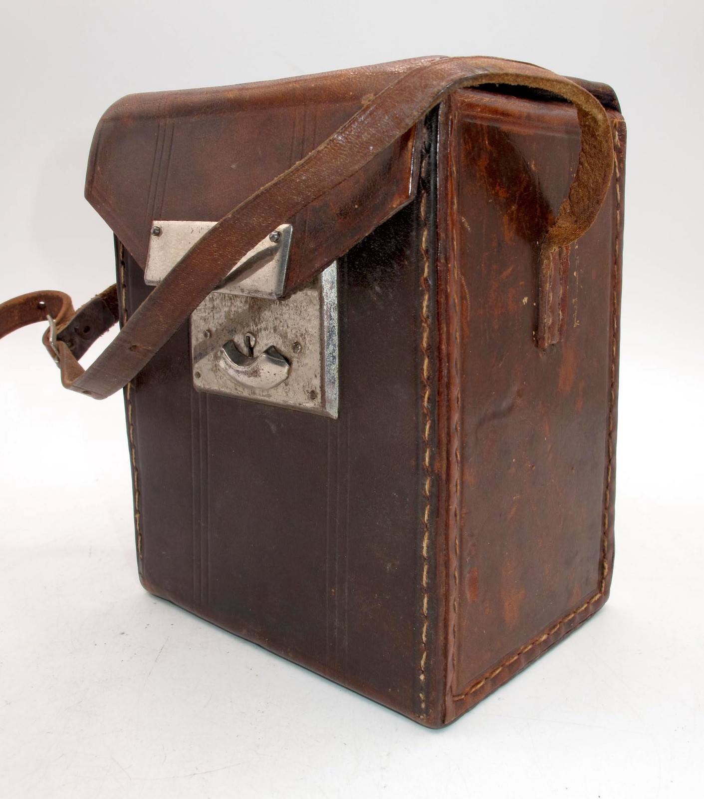 *VINTAGE* BROWN HARD CASE 5″x 5.5″ x 3″ WITH STRAP-PURPLE INTERIOR