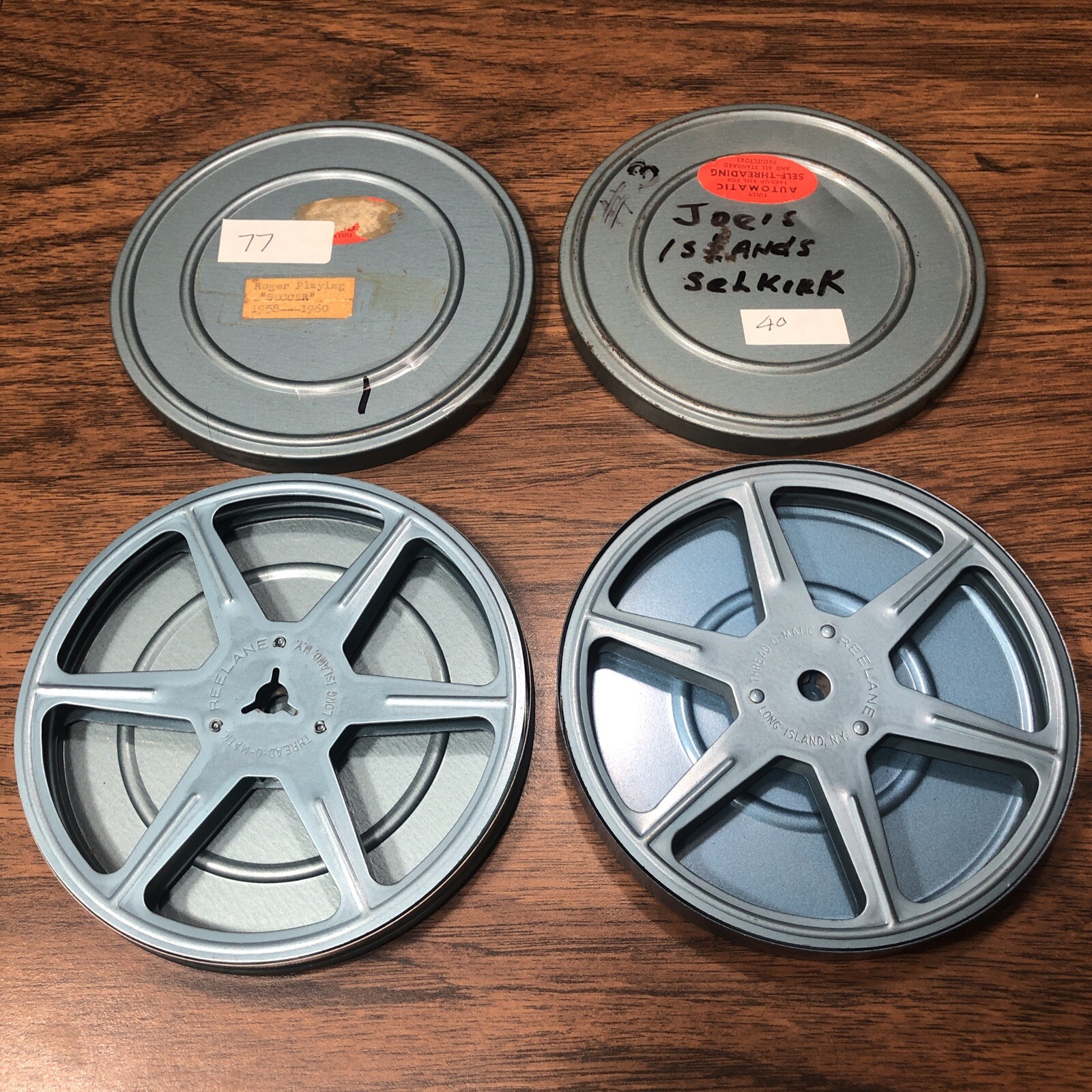 Lot of 2 Blue 8mm Film 5” 200’ Metal Reels & Cans Reelane Thread-o-matic USA
