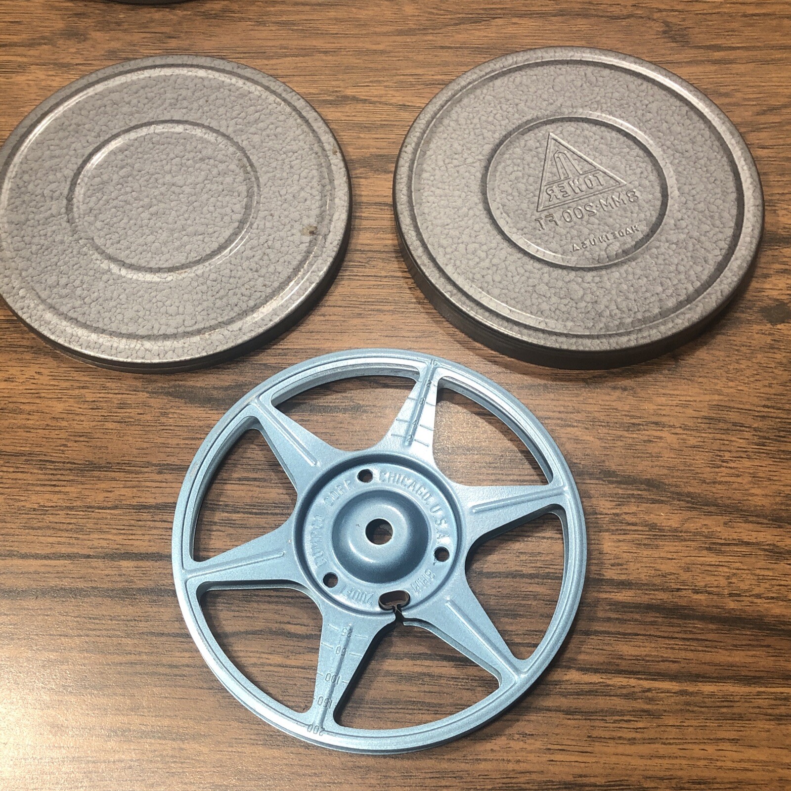 3x Vintage 8mm 200’ 5” Metal Film Reel w/ Tower Metal Canister Lot Sears Compco