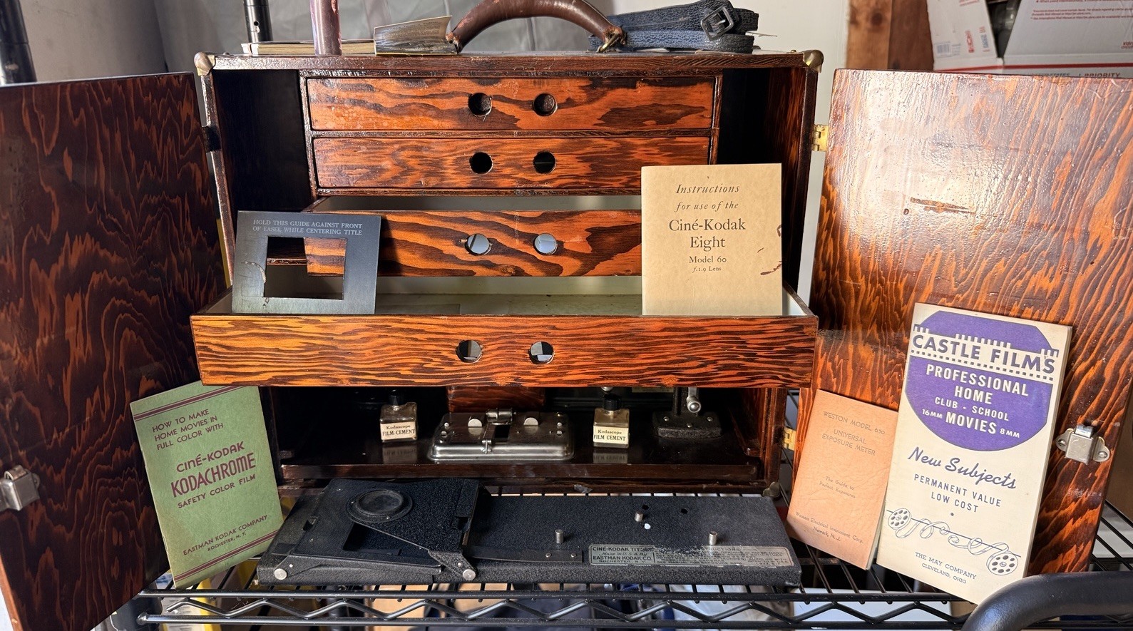Vintage Kodak 8mm film splicing Kit in handmade wooden box