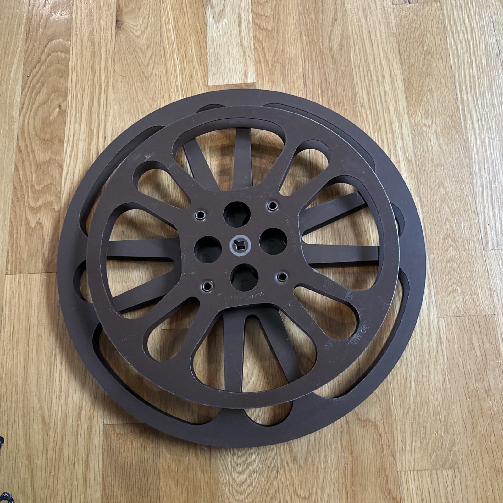 Metal Film Reel Goldberg Bros 12″ + 15” Made in USA Brown 4 Holes Vtg (Set of 2)
