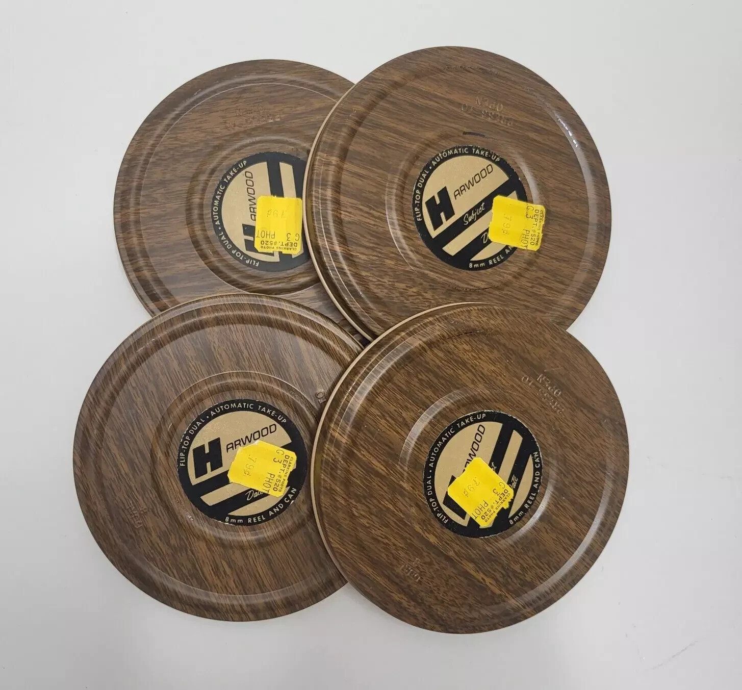 Vintage Lot of 4 Harwood 8mm Reels & Can Containers 5” Wood Grain Metal Case