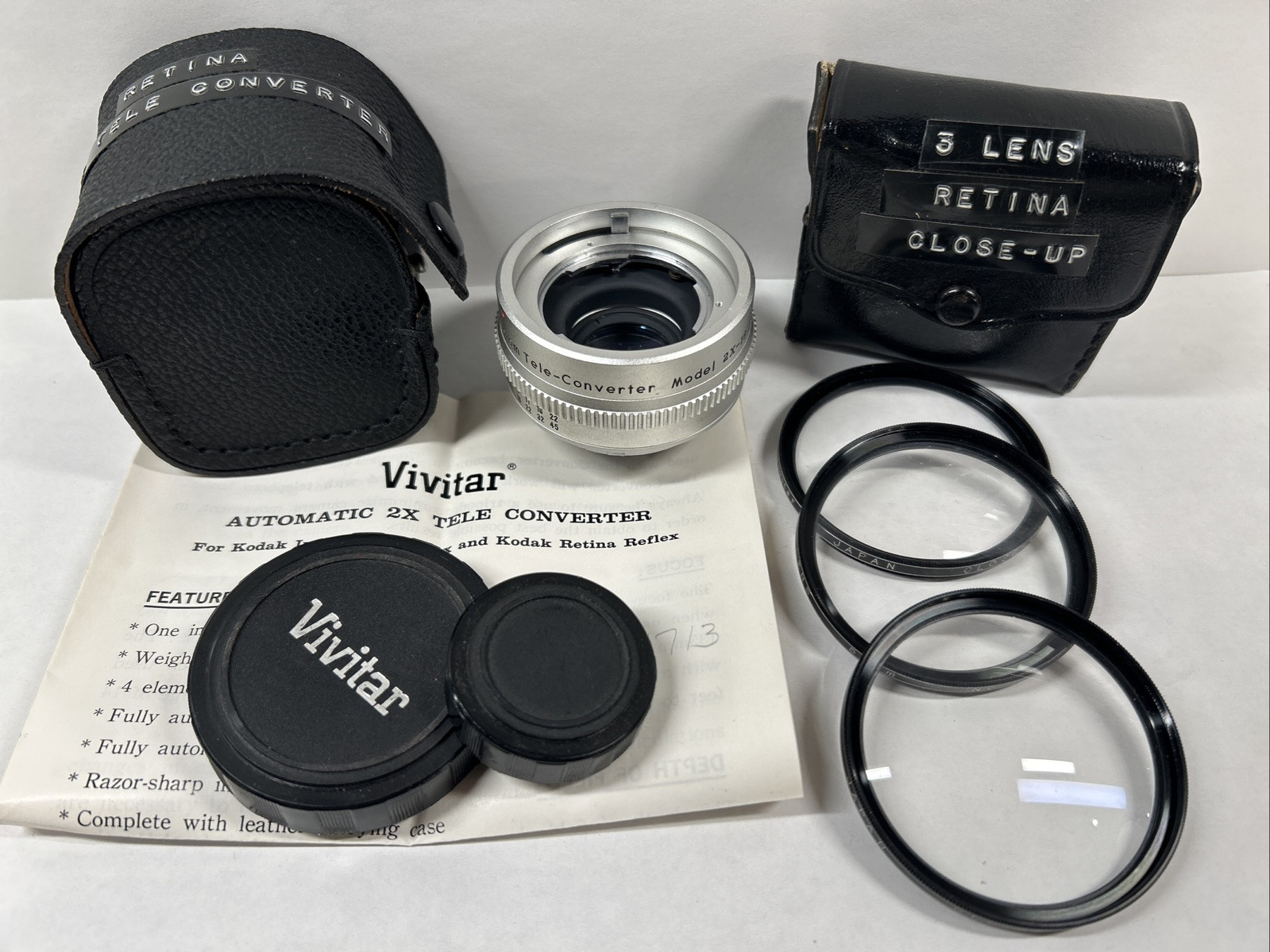 VIVITAR LOT-Auto 2X Tele-Converter #2X-18;Close Up 58mm (3) Lens #1-3;Flash #180