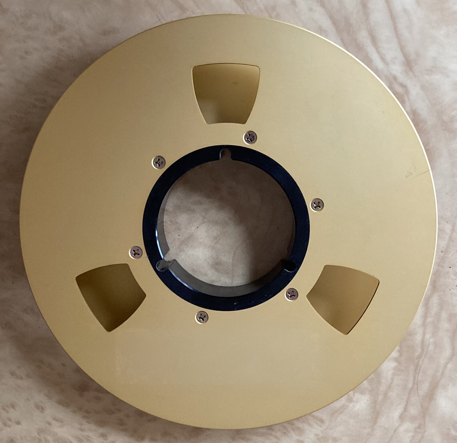 (2) – 1” Empty Gold Metal Video Take-up 9” Reels Great Decor For Media Room