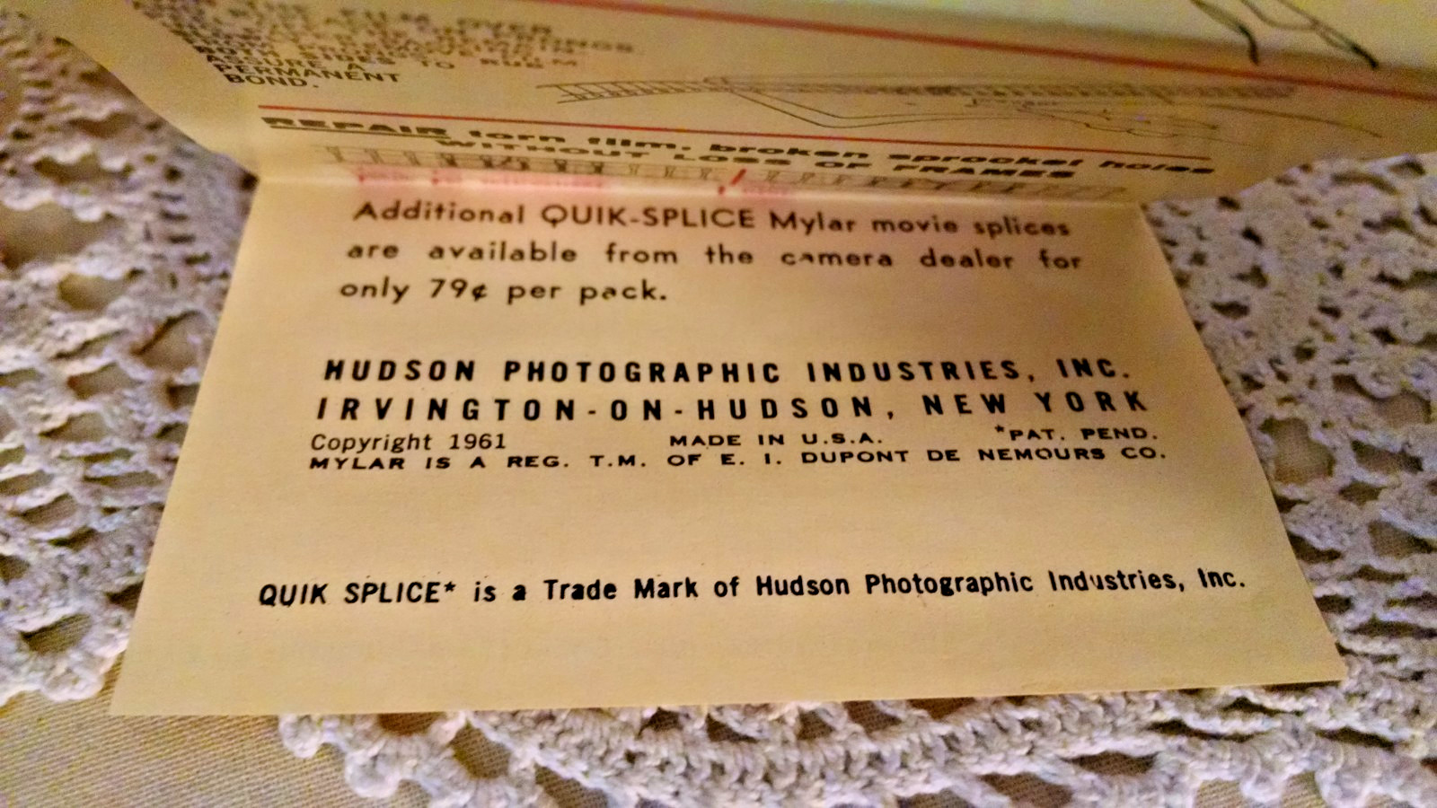 Slice Kit Quik Hudson Photographic 8 mm 16 mm Film Org Case Instructions 1961