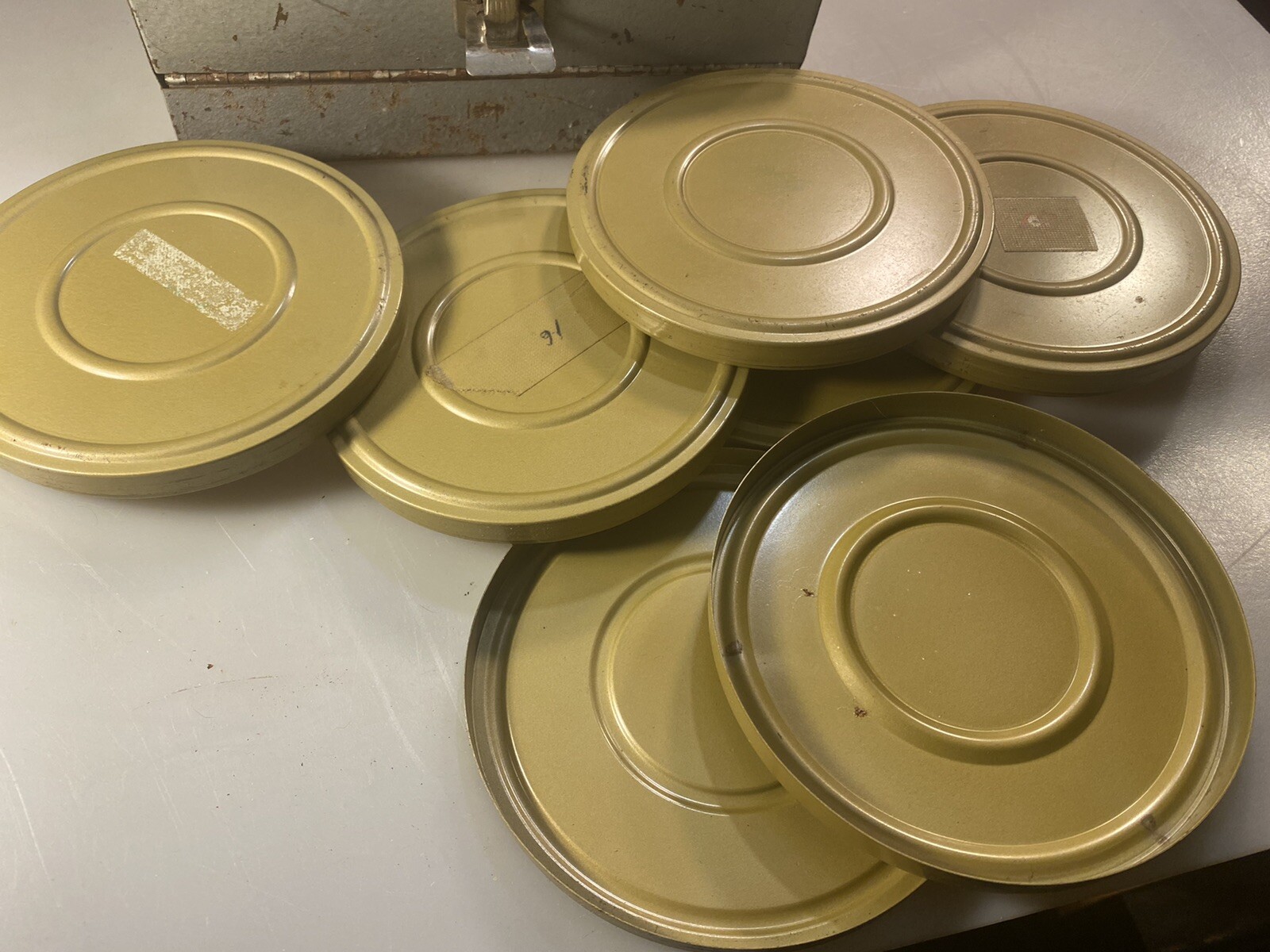 Vintage Reel To Reel Metal Storage Box W/ 6 Empty Metal Reel Cases