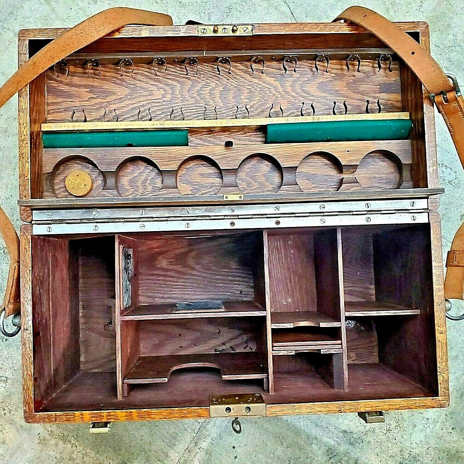 Vintage Heavy Duty Photographers Camera Accessories Box Oak w/Leather Strap