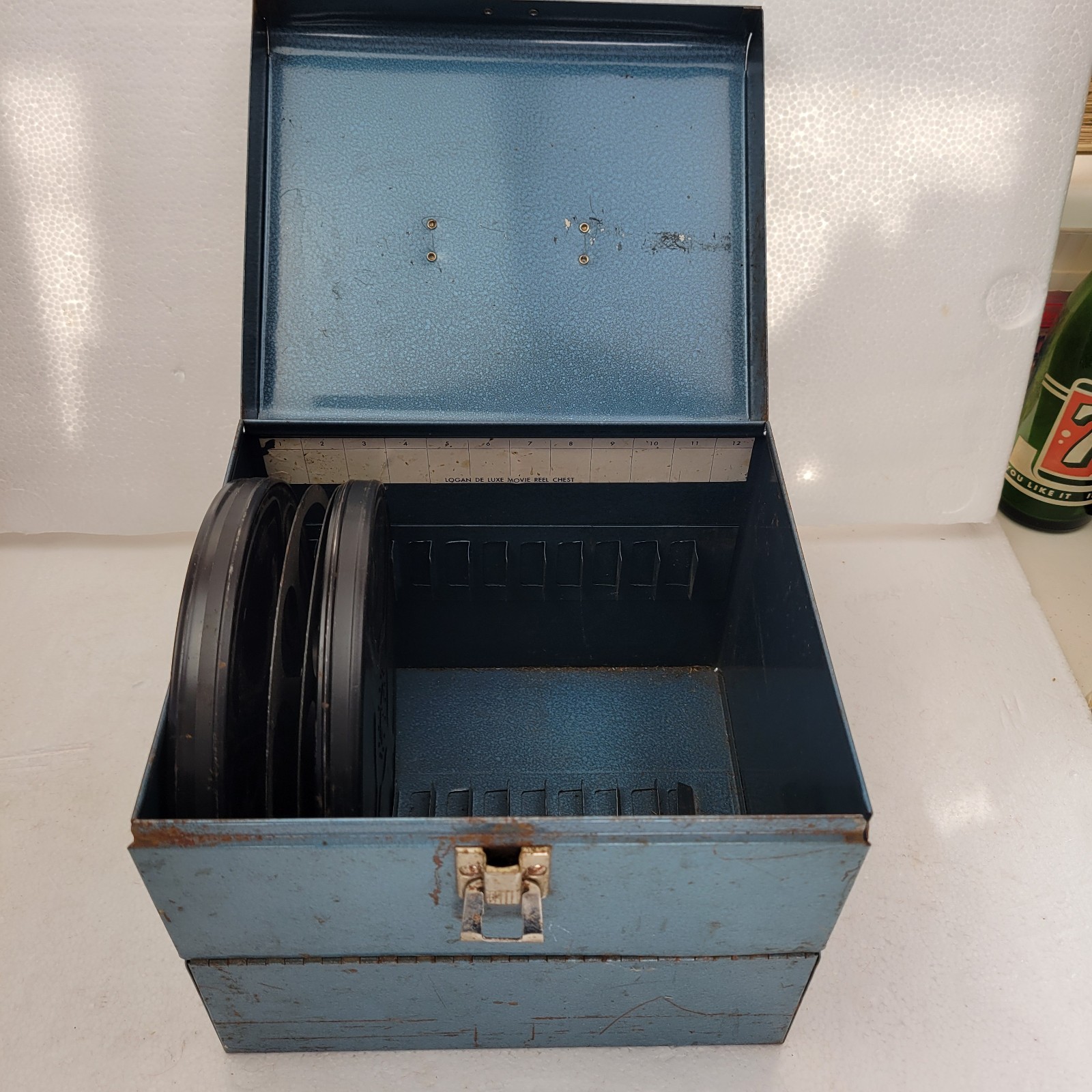 1950s Metal Logan 8mm Film box + 4x 6″ Scherer 2x 5″ Tower Reels Federal Stores