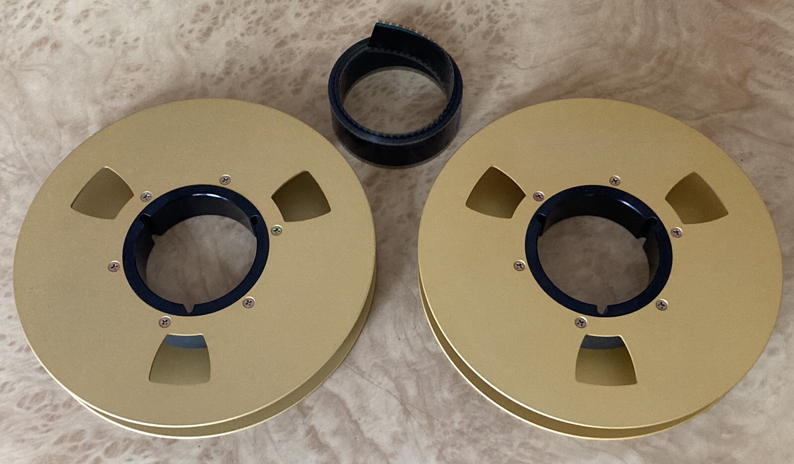(2) – 1” Empty Gold Metal Video Take-up 9” Reels Great Decor For Media Room
