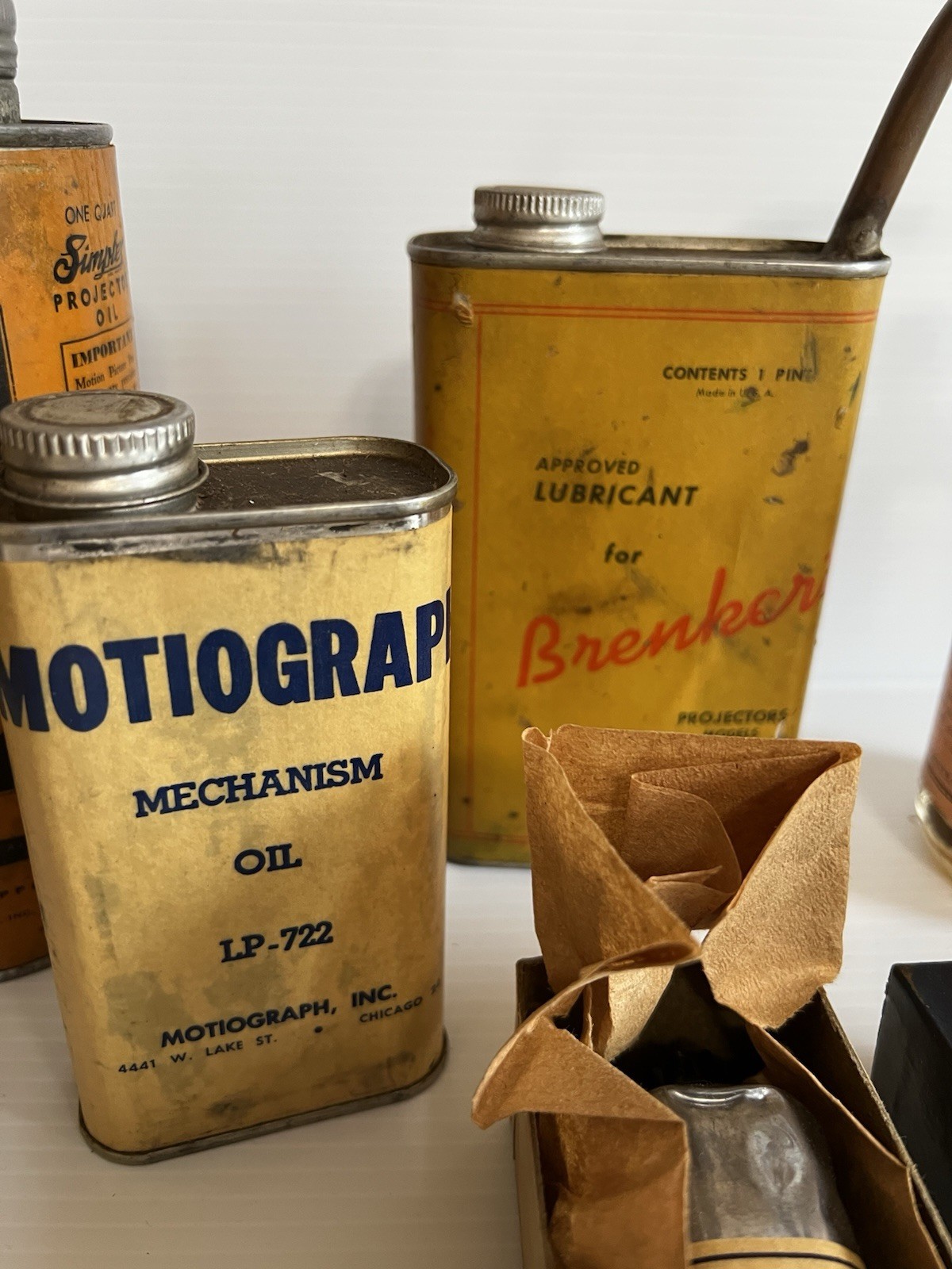 Antique Lot of SIMPLEX MOTIOGRAPH Film Projector Oil Tins and MORE