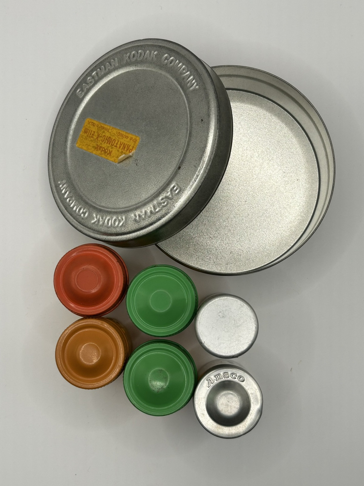 Lot of 7 Aluminum Embossed Film Canisters Cans Vintage Kodak, Agfa Roll, Ansco