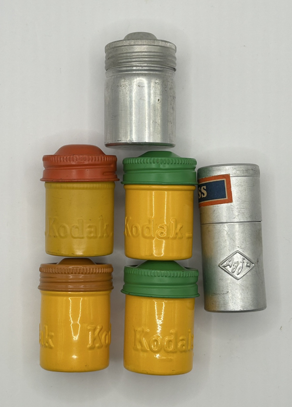 Lot of 7 Aluminum Embossed Film Canisters Cans Vintage Kodak, Agfa Roll, Ansco