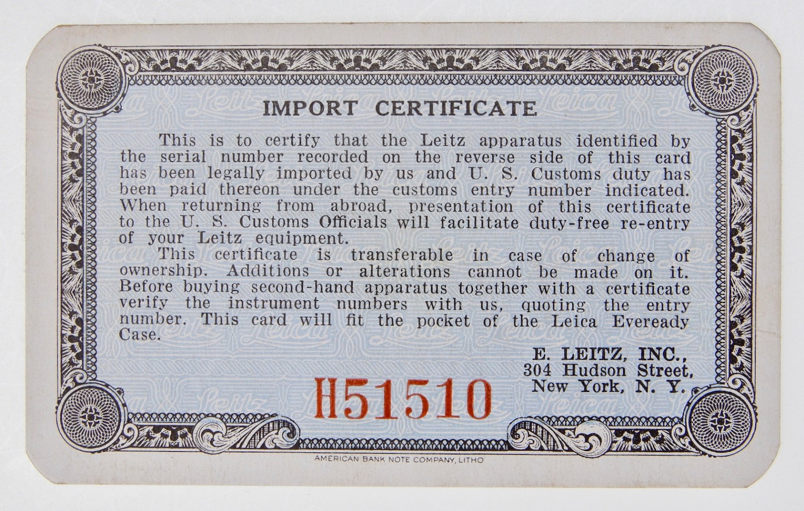 Import Certificate of Leica 50mm f2 Summitar #615507