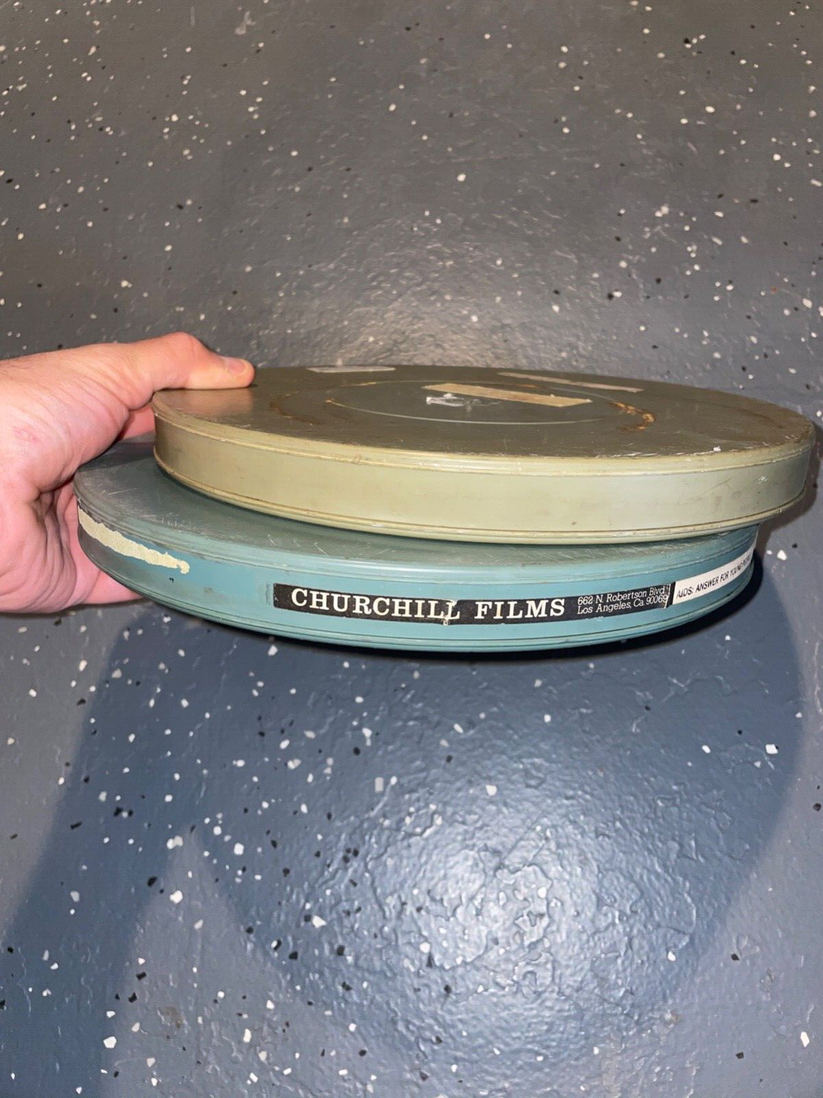 Vintage Set of Two 10.75″ Film Reel Holder Canisters 1″ Thick Churchill Films
