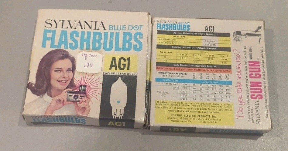 2 Boxes Sylvania Blue Dot Flashbulbs AG1 Clear Unused 24 Bulbs NOS Prop Camera