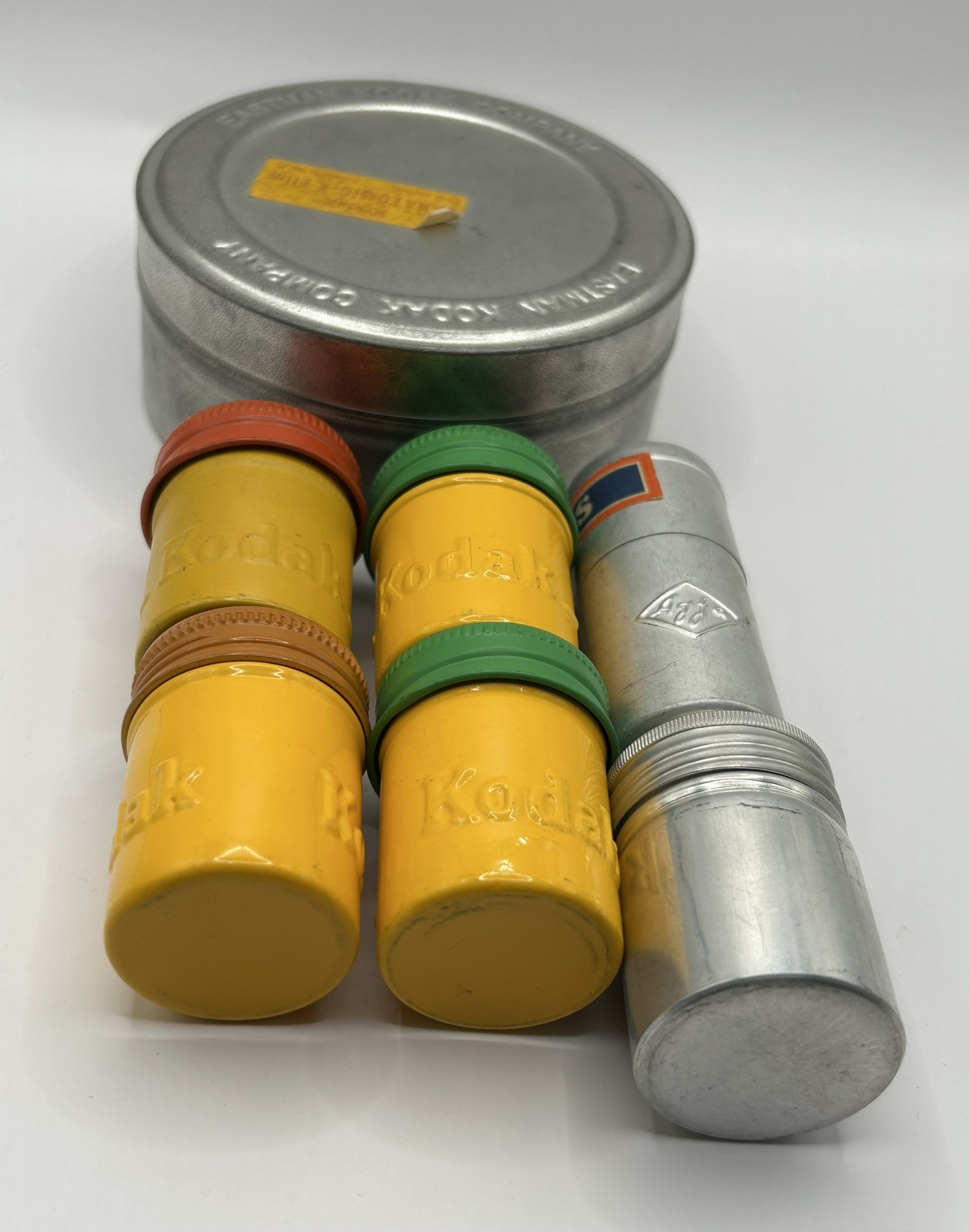 Lot of 7 Aluminum Embossed Film Canisters Cans Vintage Kodak, Agfa Roll, Ansco