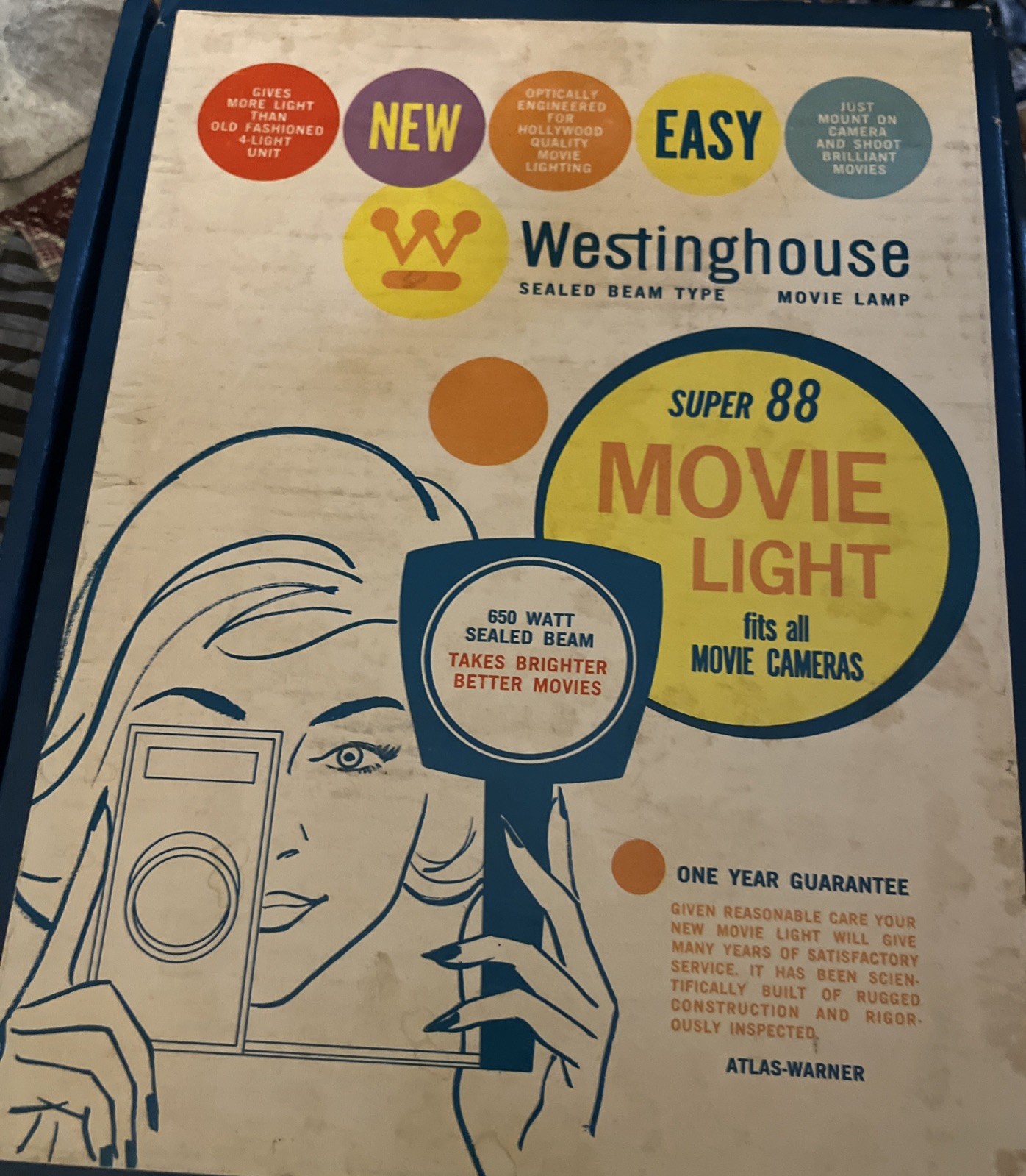 Vintage Westinghouse Super 88 Movie Light 650 Watt Sealed Beam Original Box. XH