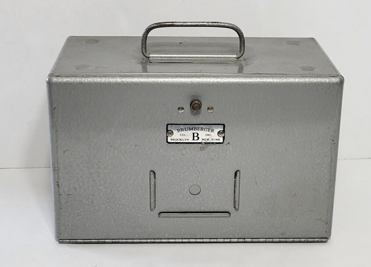 Vtg Brumberger 8 mm metal reel holder case storage bin 1950 mid century 12 Rolls