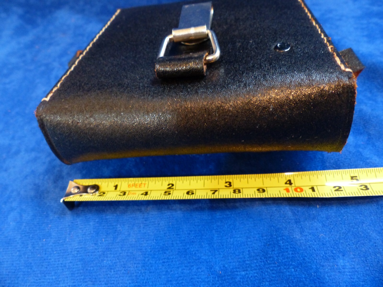 Vintage small black leather case w/ strap and metal clip, made in Japan