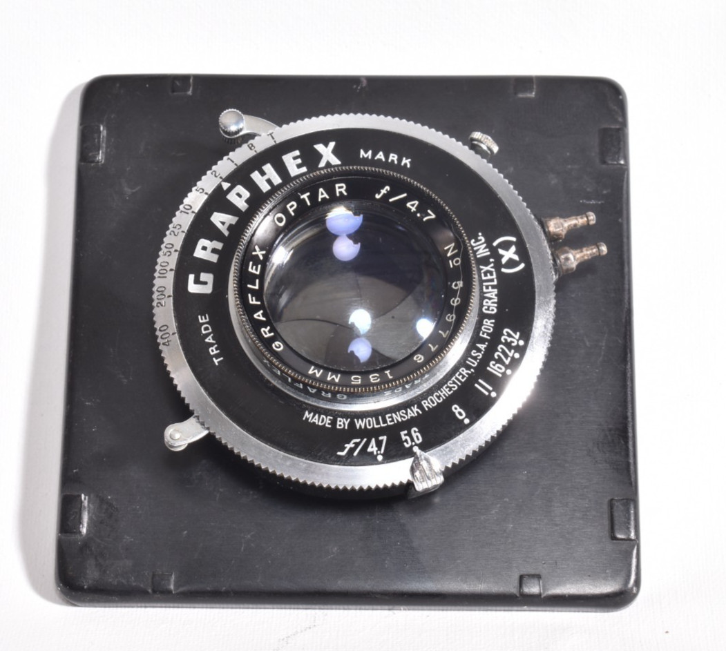 Graflex Wollensak Optar 135mm f/4.7 lens in a Graphex Shutter & Metal Lens Board