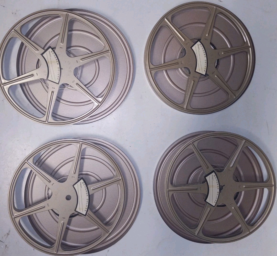 (4) Vintage Scherer 8mm 400 ft 7″ Film Reels W/Metal Cannisters Brown NEW IN BOX