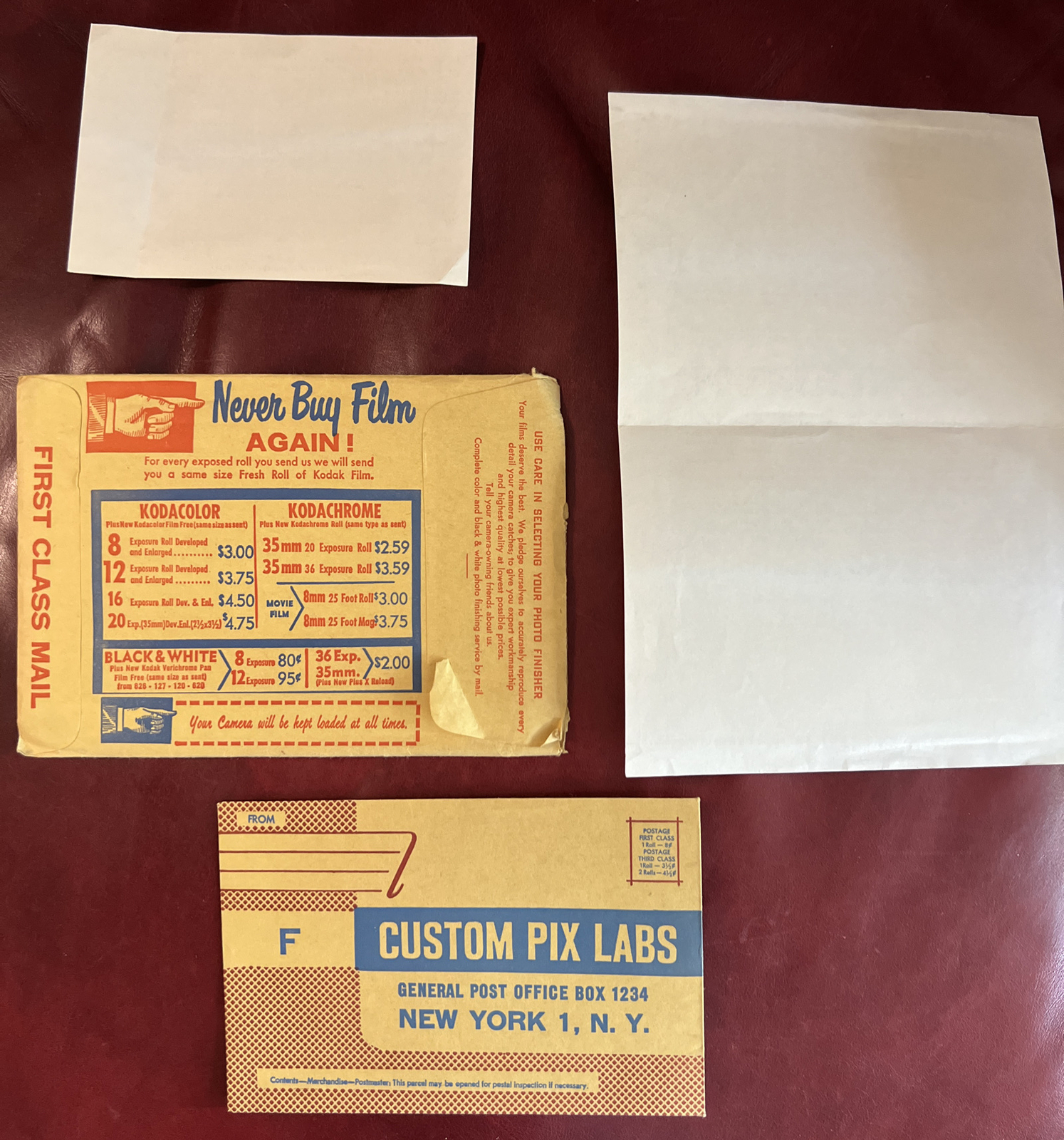 VINTAGE 1962 CUSTOM PIX LABS NEW YORK FILM PROCESSING PROMO W/ENVELOPE
