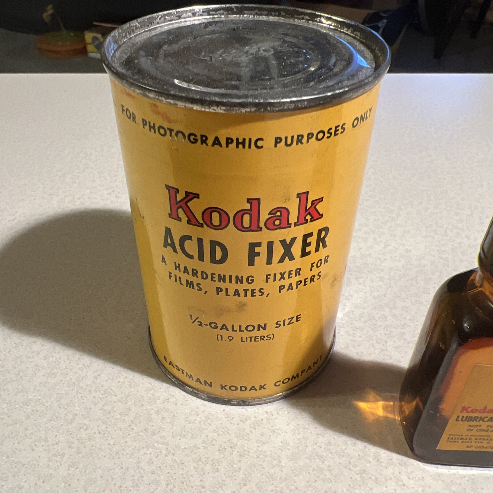 Vintage NOS Eastman Kodak Kodascope Lubricating Oil Bottle & Acid Fixer Can Full