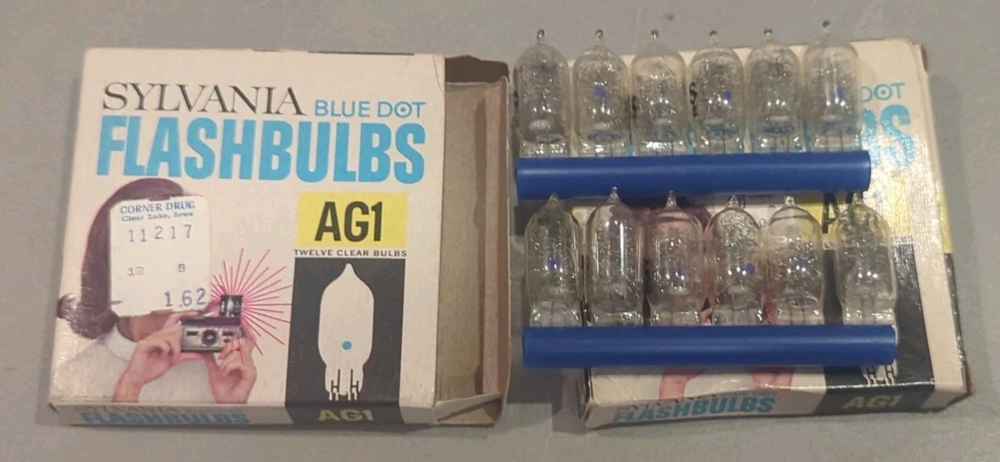 2 Boxes Sylvania Blue Dot Flashbulbs AG1 Clear Unused 24 Bulbs NOS Prop Camera