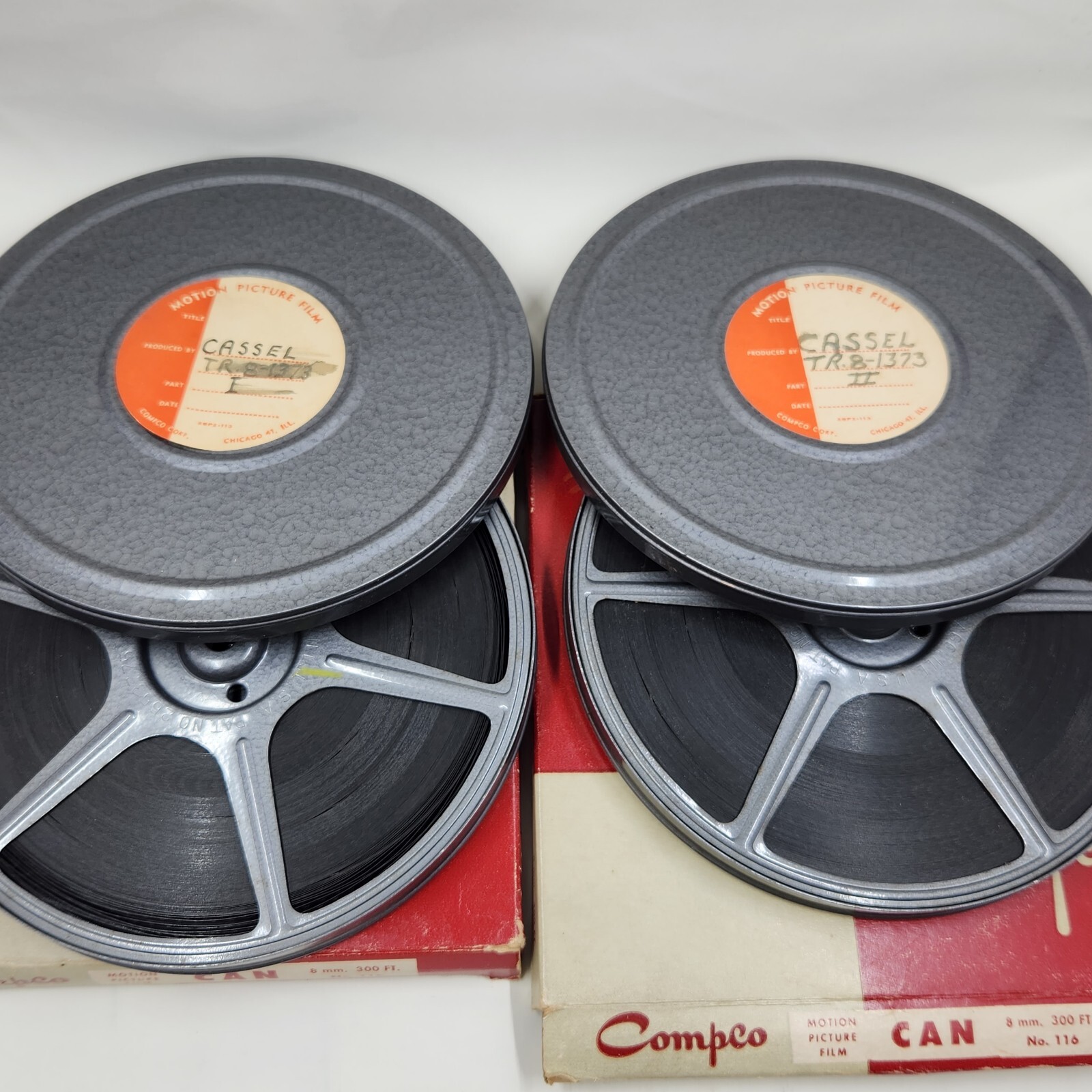 Pair of 8mm Film Reel 300ft Vintage and Tin Metal Case
