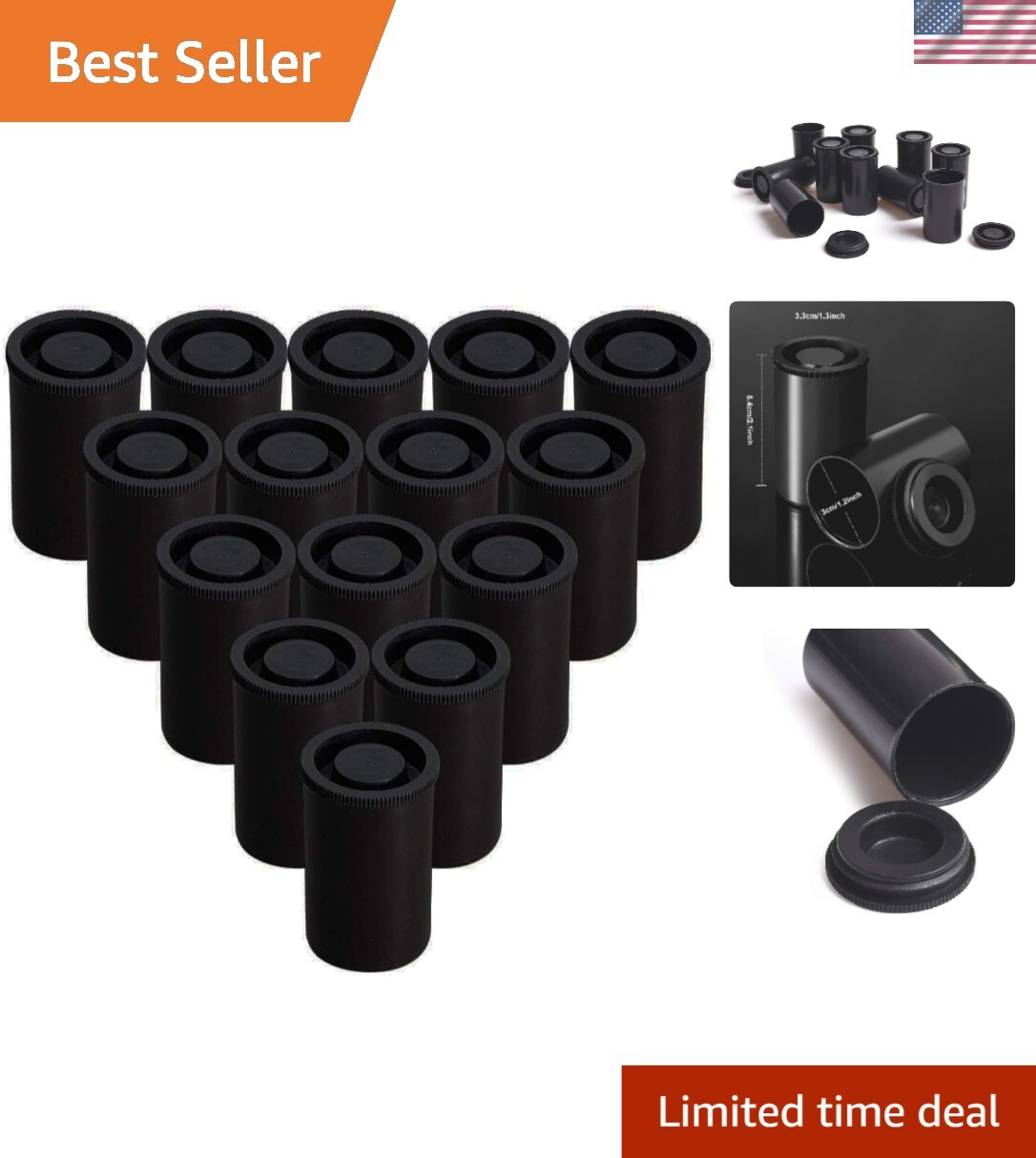 Lightweight Black Film Canisters with Sealing Lids – 15 Count for Versatile Use