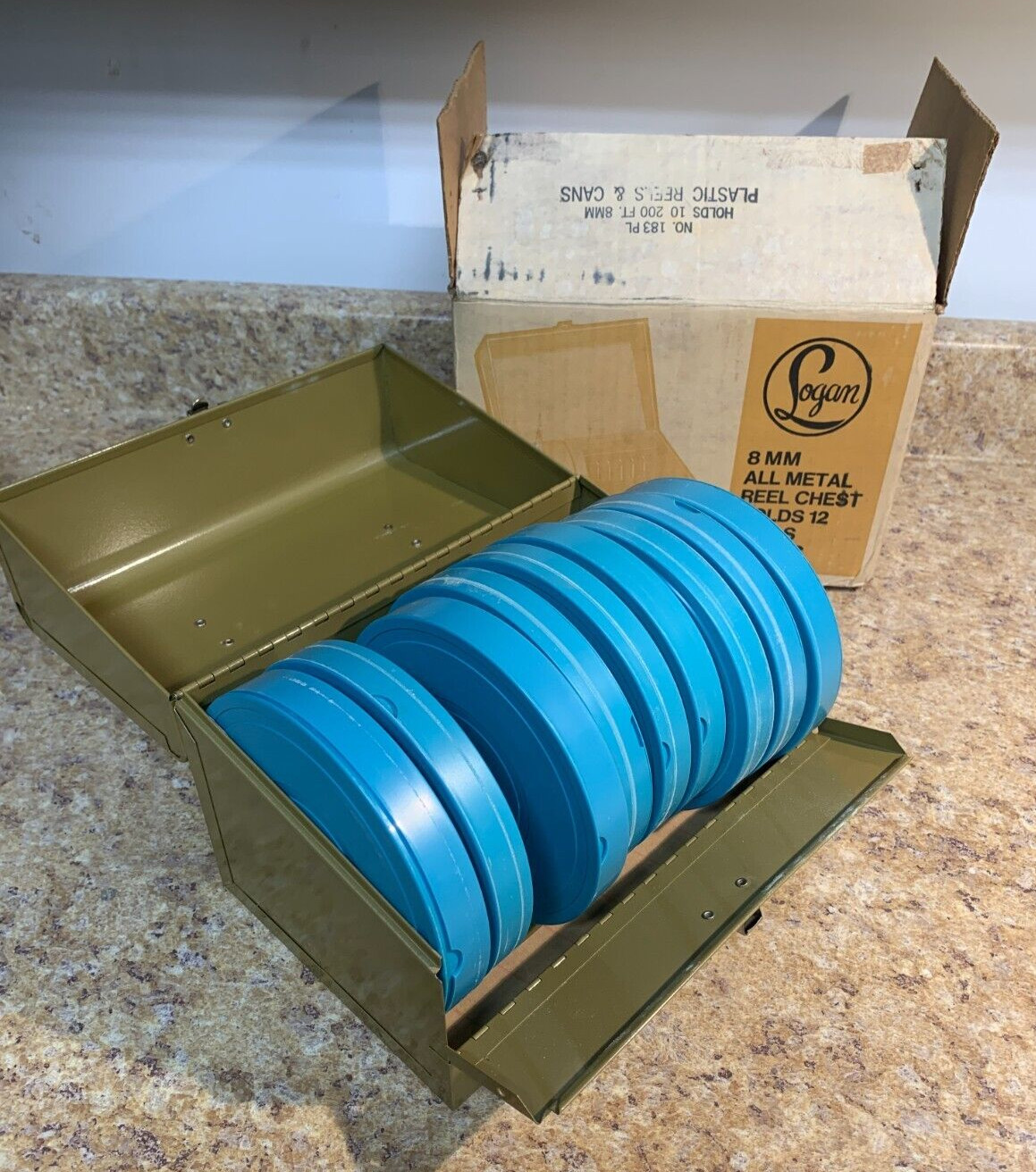 Vintage NEW in box Logan 8mm Film Reel Metal Chest 12 Reels and Cans