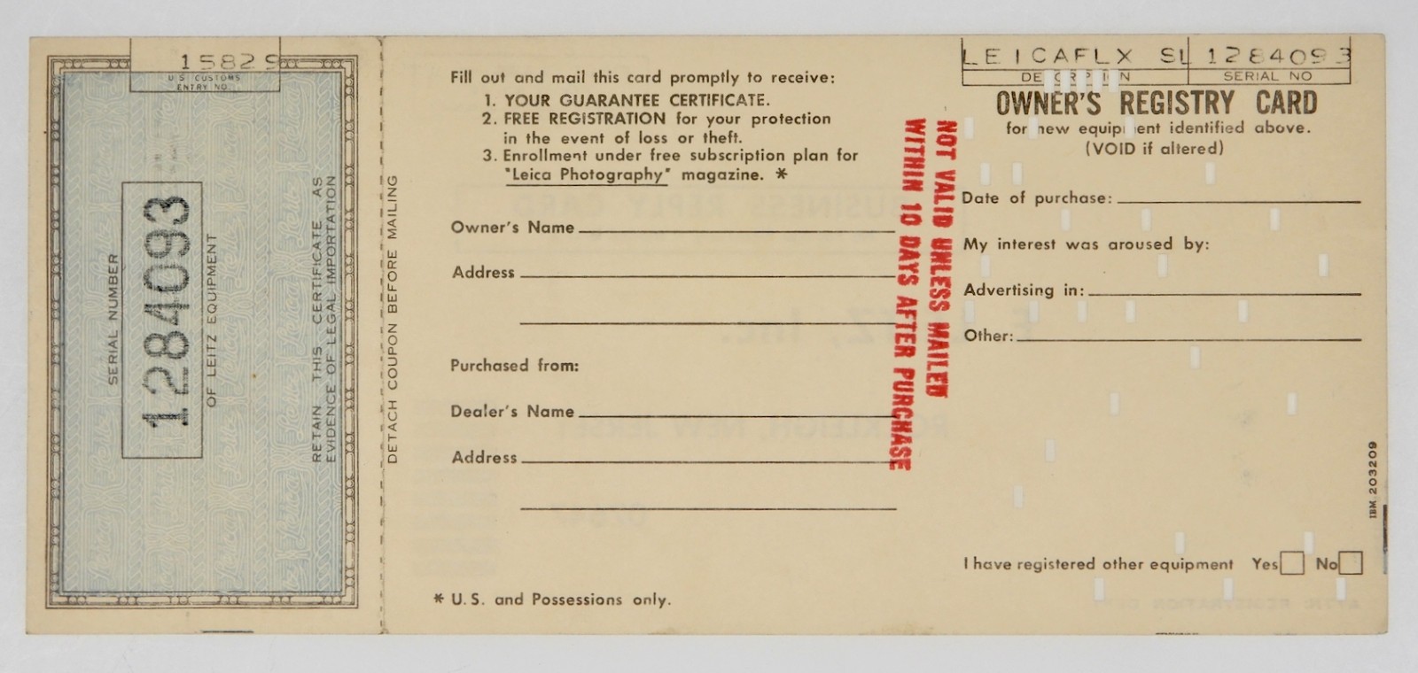 Owner’s Registry Card of Leicaflex SL #1284093