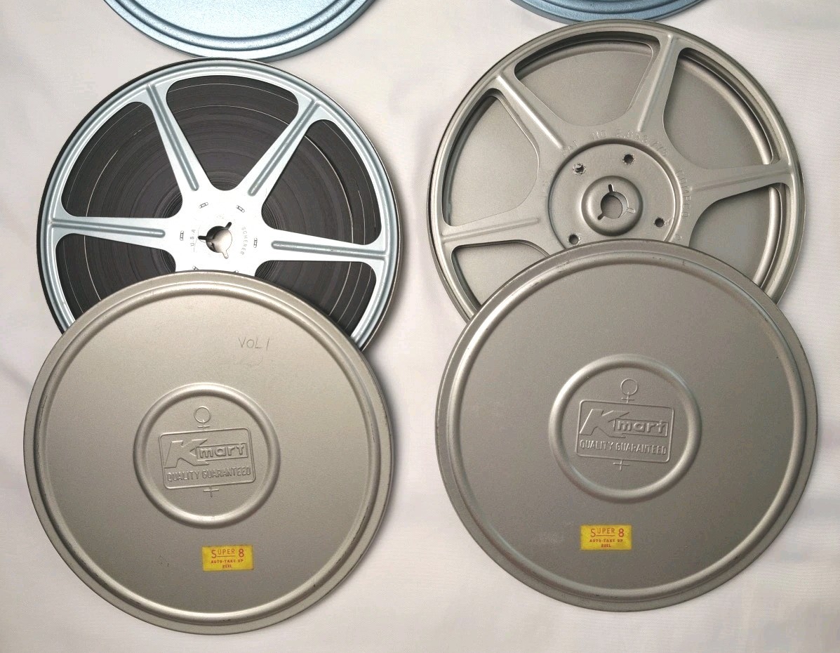 Vtg 8mm Super 8 Movie Reels Lot 6 Cans Scherer Bruce Korvette Storage Box Films