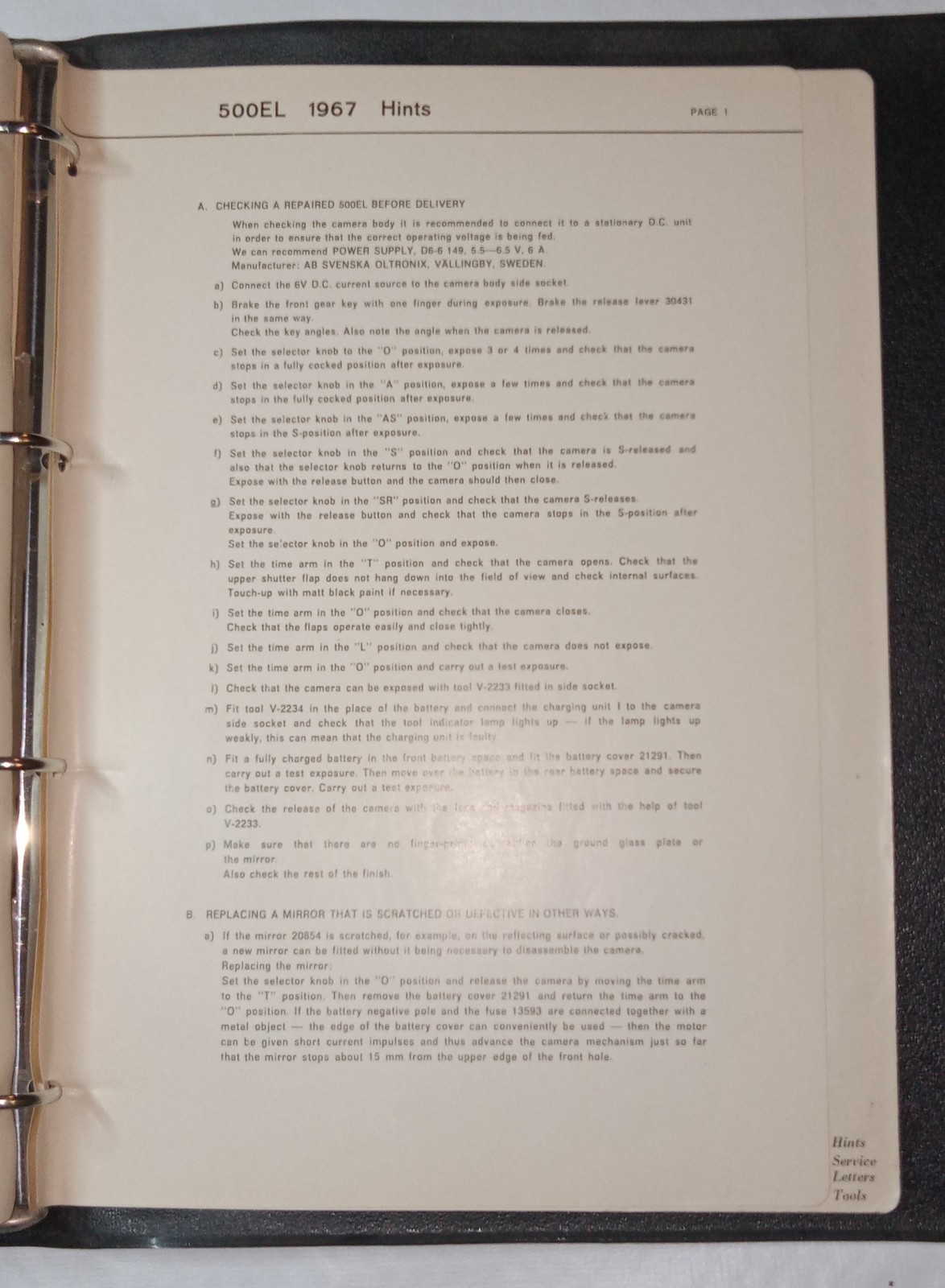 Original Hasselblad 500EL Body Spare Parts Catalog & Repair Manual #4124