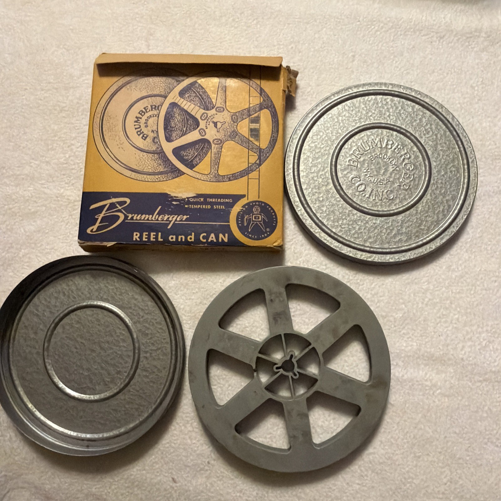 Set of 2 vintage Brumberger Reel And Can 8mm 200ft #1018 Tempered Steel Movie