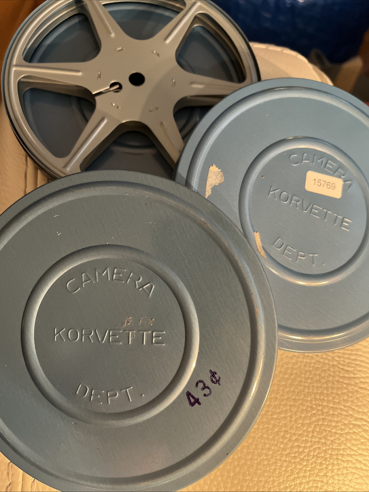 LOT OF 3 VTG Korvette Tin Camera Film Cases w/Metal Film Reels BLUE 5” NOS 8 mm