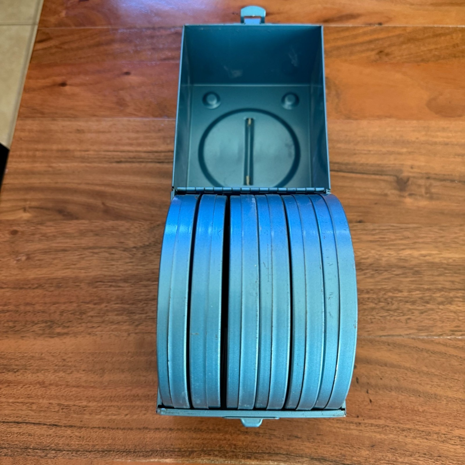 Vintage Compco Blue Metal Film Reel Storage Case Box w/ 6 Metal Canisters 8mm