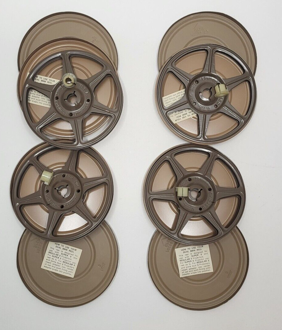 Vintage Lot of 4 Harwood 8mm Reels & Can Containers 5” Wood Grain Metal Case