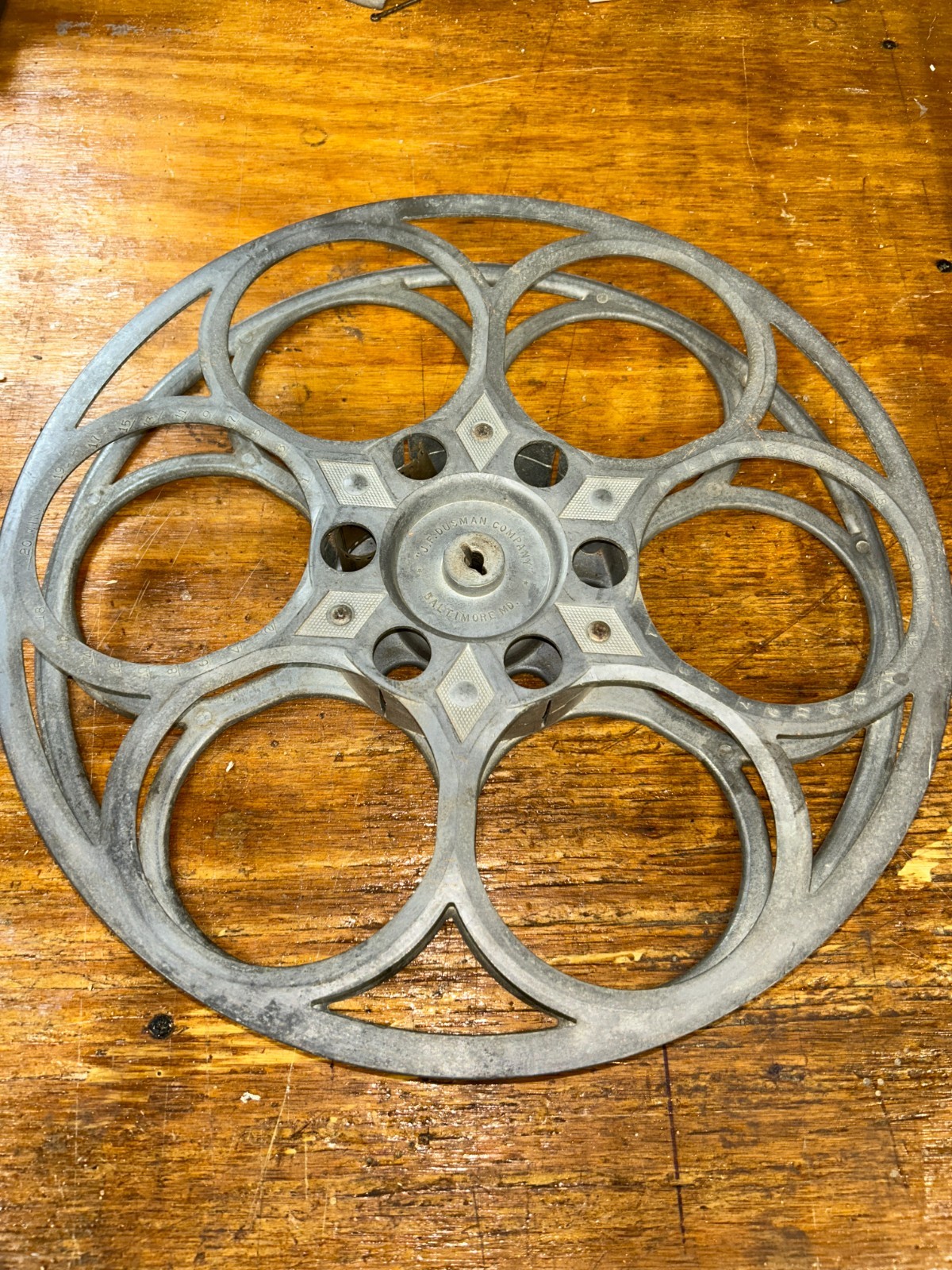 Vintage J. F. Dusman Co. Baltimore, MD. 15″ 35mm Aluminum 6-Hole Film Reel