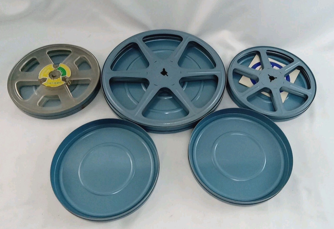 Vintage Super 8MM Metal Film Storage Tins 3 Reels 5 Containers 1 Large 4 Small