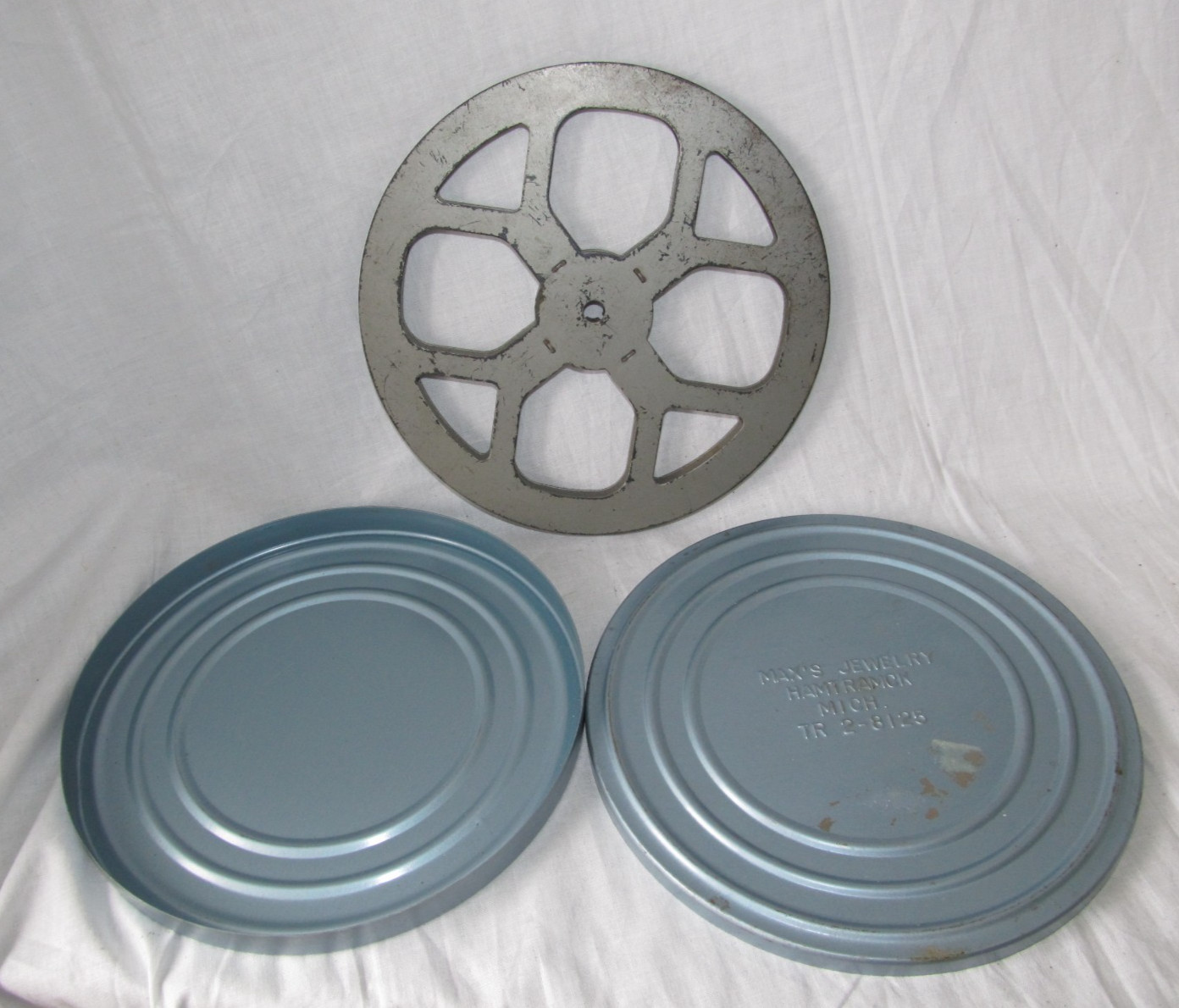 Vintage Max’s Jewelry Hamtramck Metal Tin Canister w/ Film Reel 7″ Blue Color
