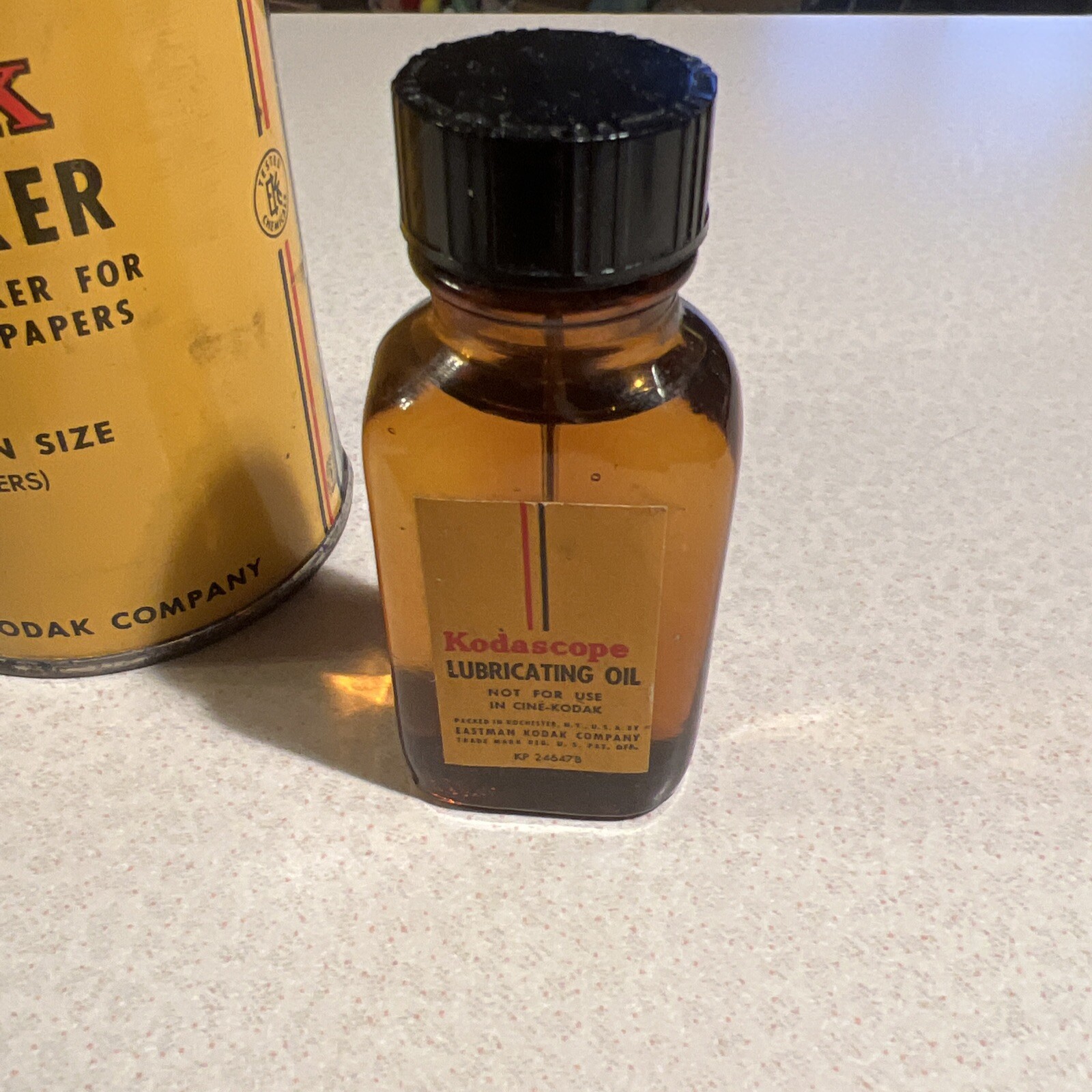 Vintage NOS Eastman Kodak Kodascope Lubricating Oil Bottle & Acid Fixer Can Full