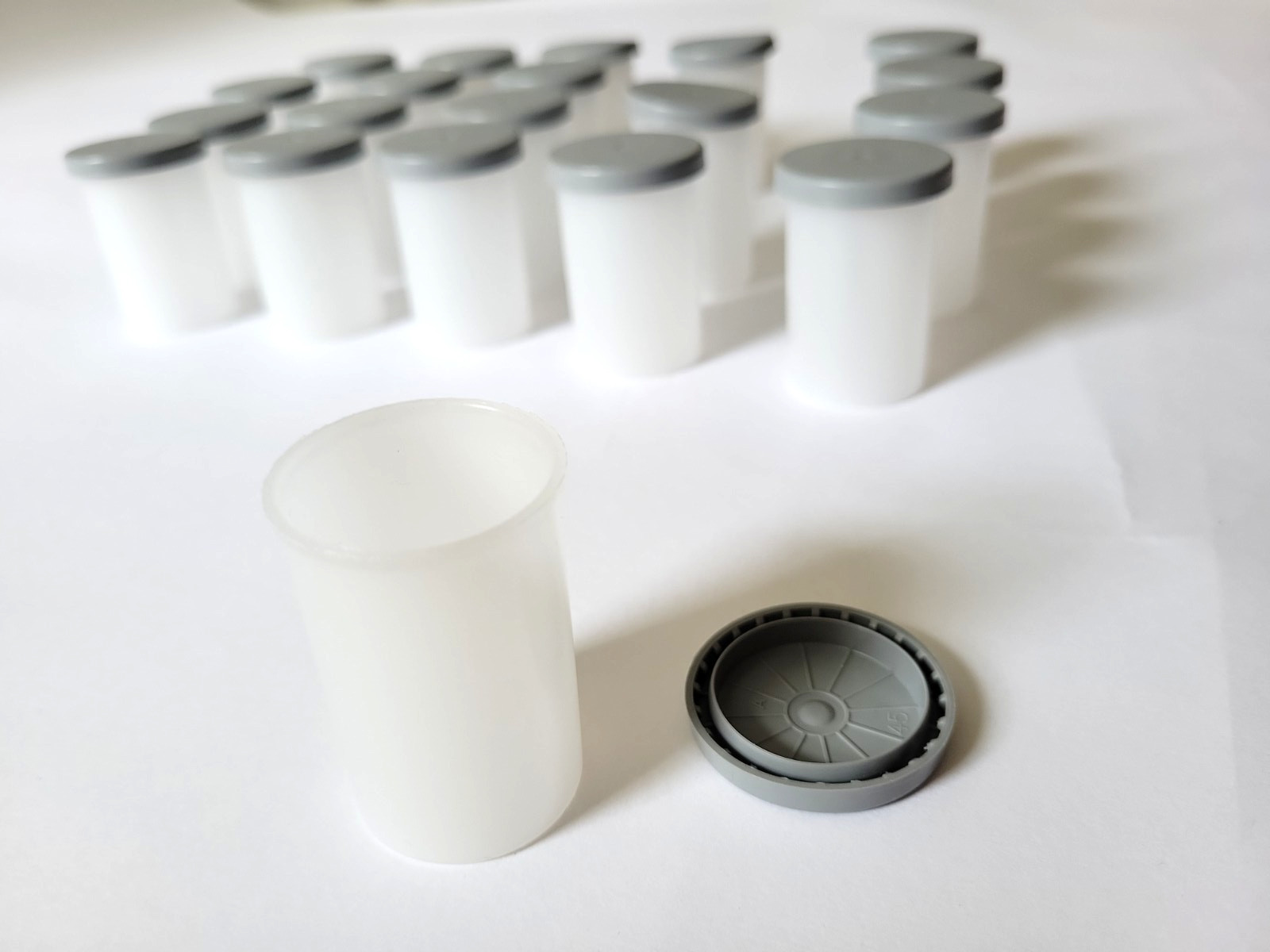 Lot Of 20 Empty Film Storage Canisters White with Grey Lid Translucent Kodak