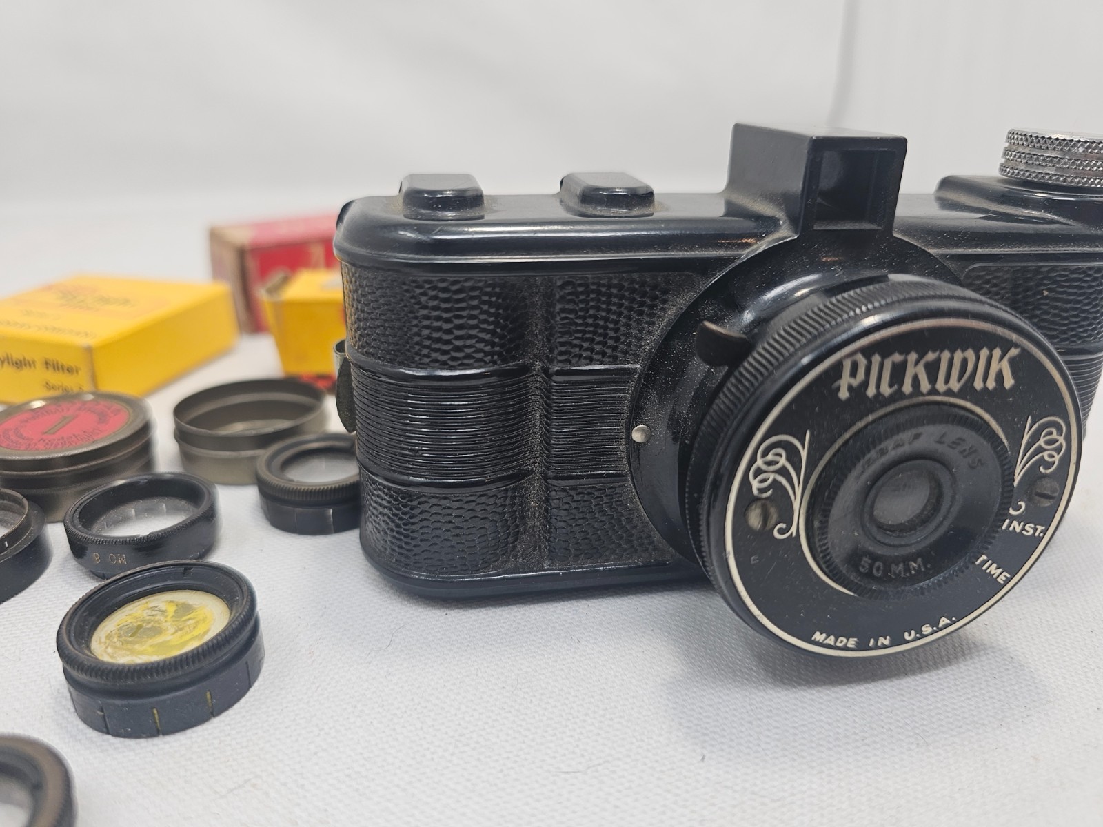 Vintage Pickwik 50mm Graf Lens Bakelite Camera Lot Kodak Filters Ansco Film