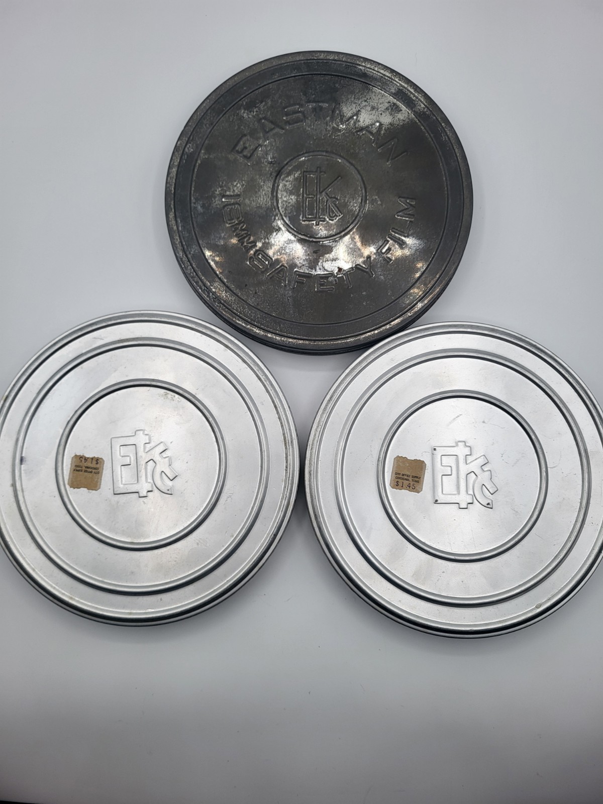 3 Pc Vintage 7 inch Empty Film Canisters 16mm Eastman Kodak Safety Film