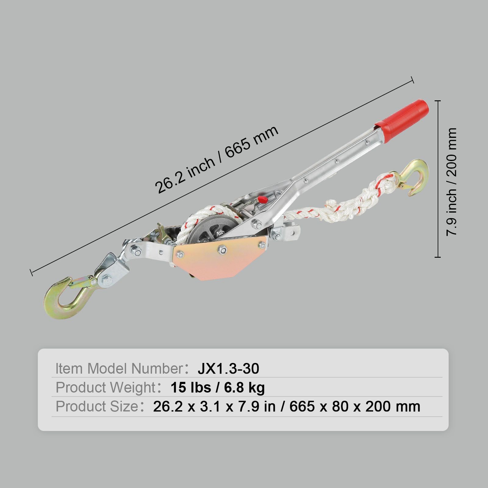 Rope Puller, 3/ 4 Ton (1, 653 lbs) Pulling Capacity, with 100′ of 0.6″ dia. Rope