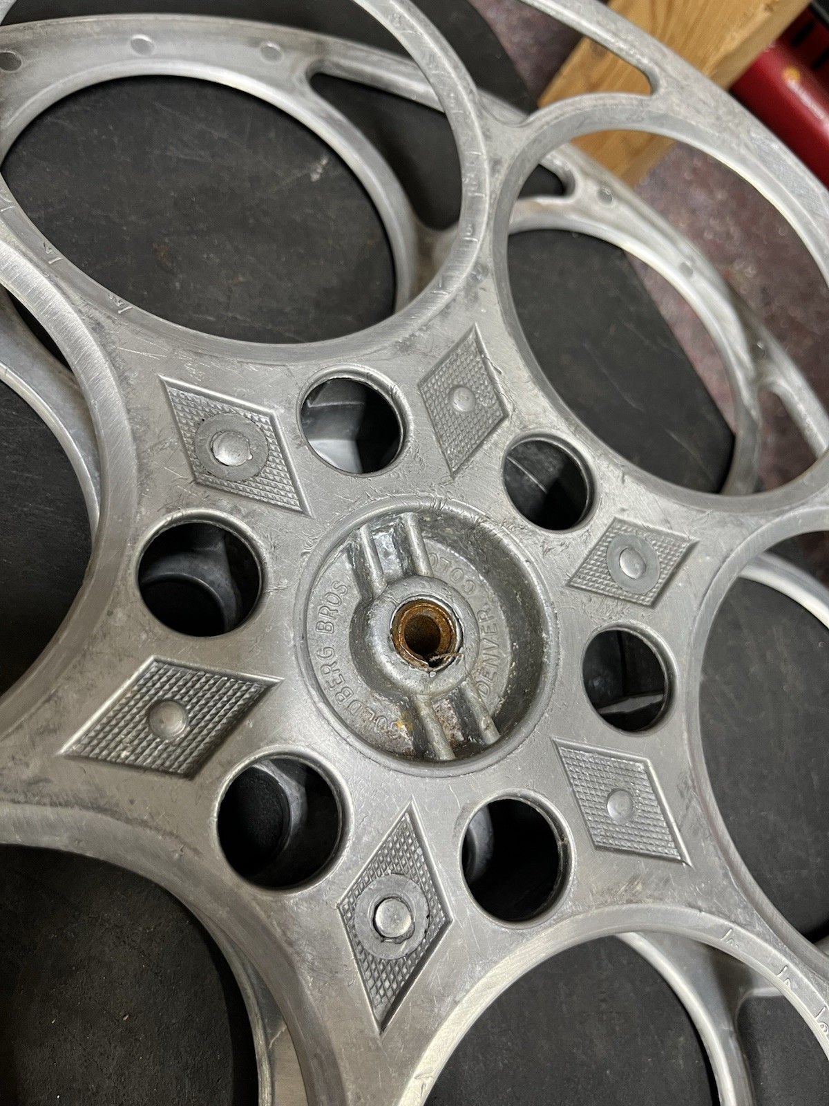 Set of 2 Vintage Goldberg Bros 15″ 35mm Cast Aluminum Movie Film 6 Hole Reels